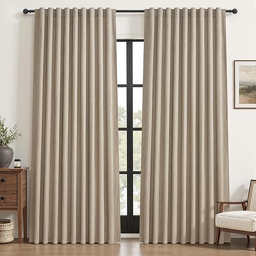 Blackout Curtains 60 Inches Extra Wide Grey Beige Linen Curtains 84 Inch Length for Living Room, Pleated Farmhouse Bedroom Thermal Drapes for Winter Large Window Energy Efficient(60"W x 84"L 2 Panels)