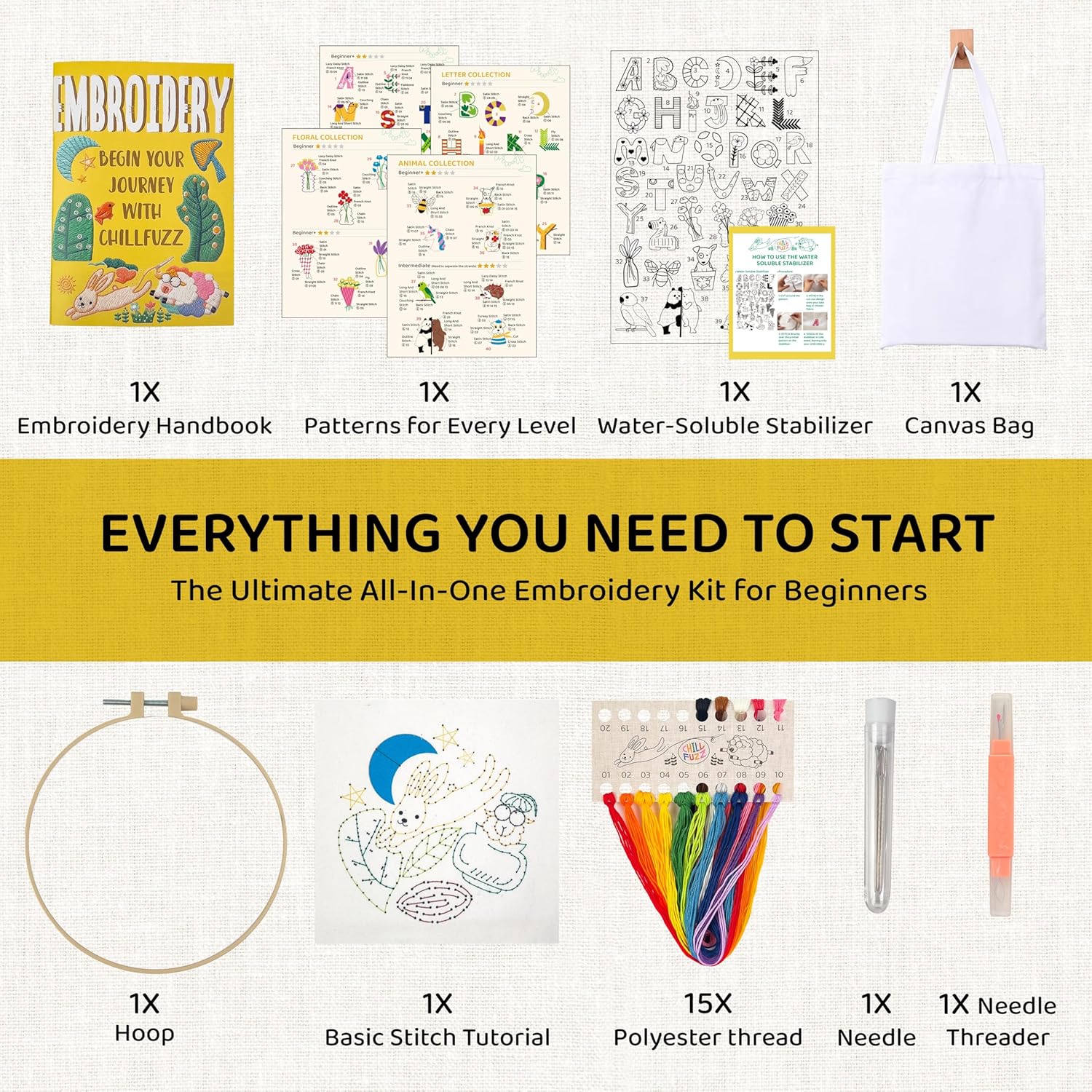 Complete Embroidery Kit for Beginners & Adults with Printed Water-Soluble Patterns, Threads, Fabric, Tools & Video Tutorials, Easy DIY Craft Kit for Learning Stitches, Accessories & Handmade Gifts
