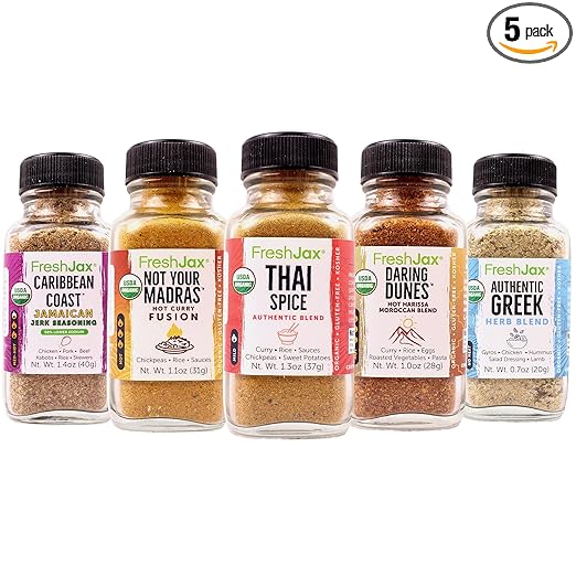 Freshjax International Spices Gift Set | 5 Sampler Sized Organic Spices and Seasonings | World of Flavors Seasoning Gift Set | Grilling Christmas Gifts for Men Packed in a Giftable Box