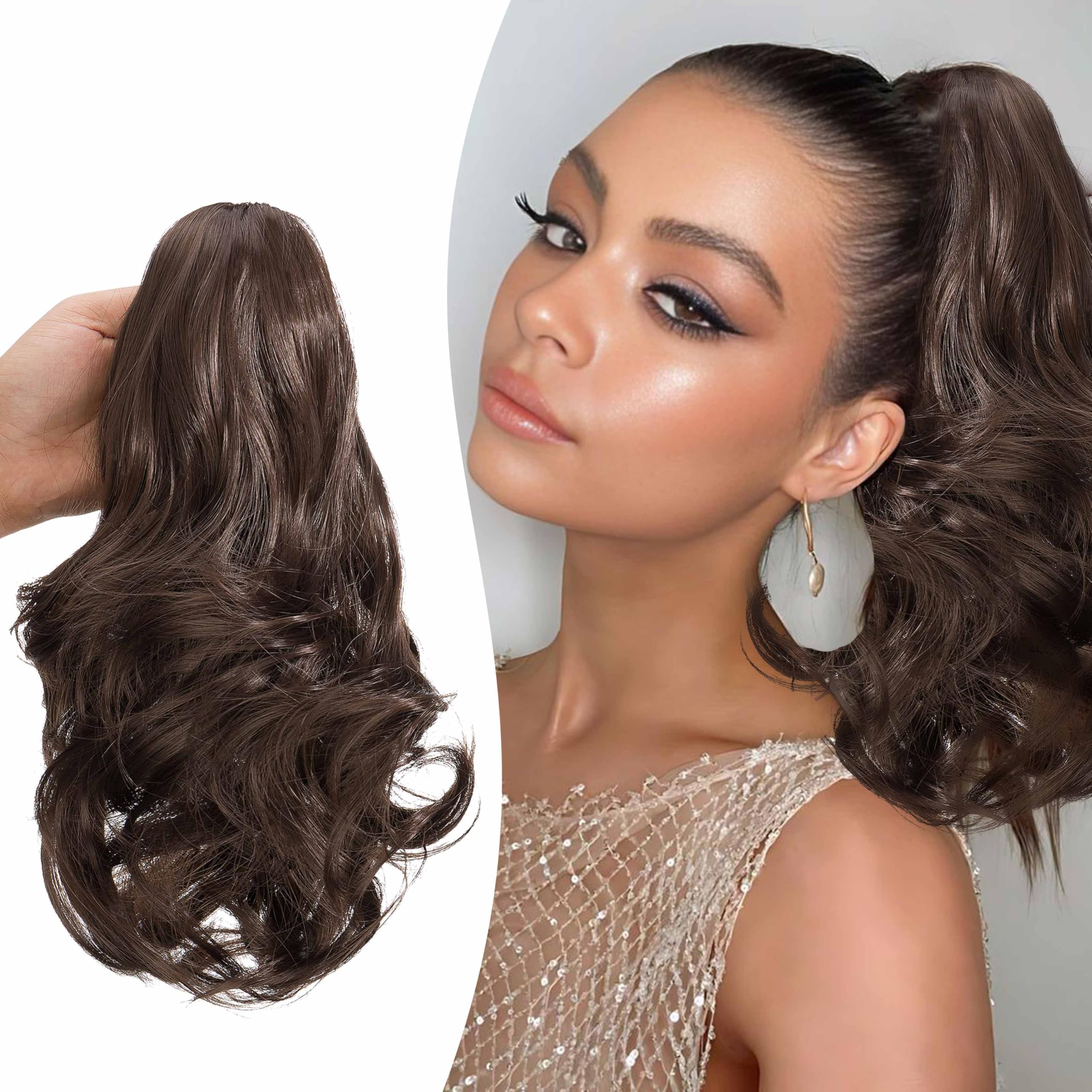 Gairyan 10" Clip in Ponytail Hair Extensions Curly Ponytail Extension Claw on Pony tails Wavy Synthetic Hairpieces for Women Real Natural Short Wave Ash Brown