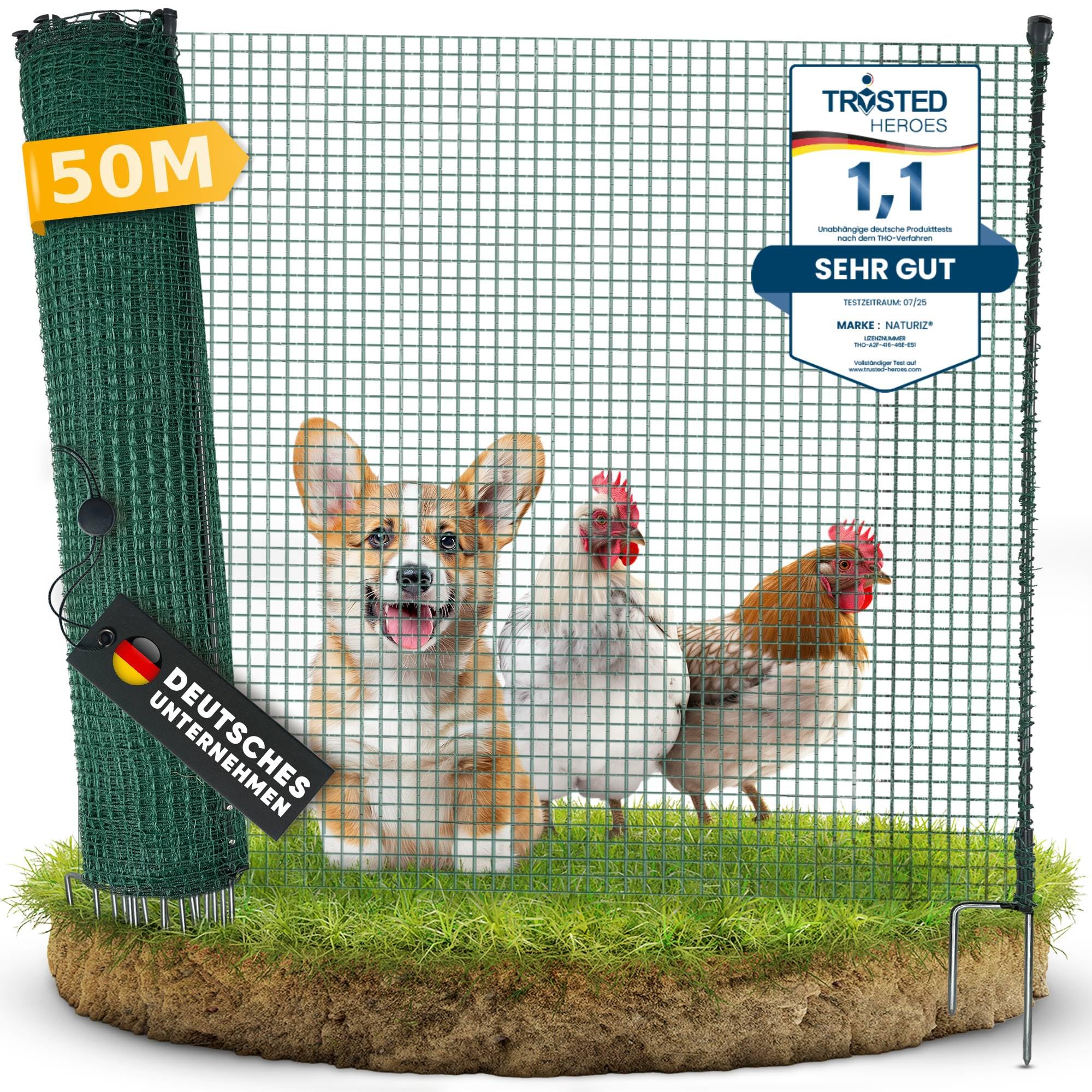 NATURIZ® Weidezaun in 50m x 90cm Komplettset - mobiler Hundezaun & Hühnerzaun extrem stabil, ohne Strom, Grün (50m)