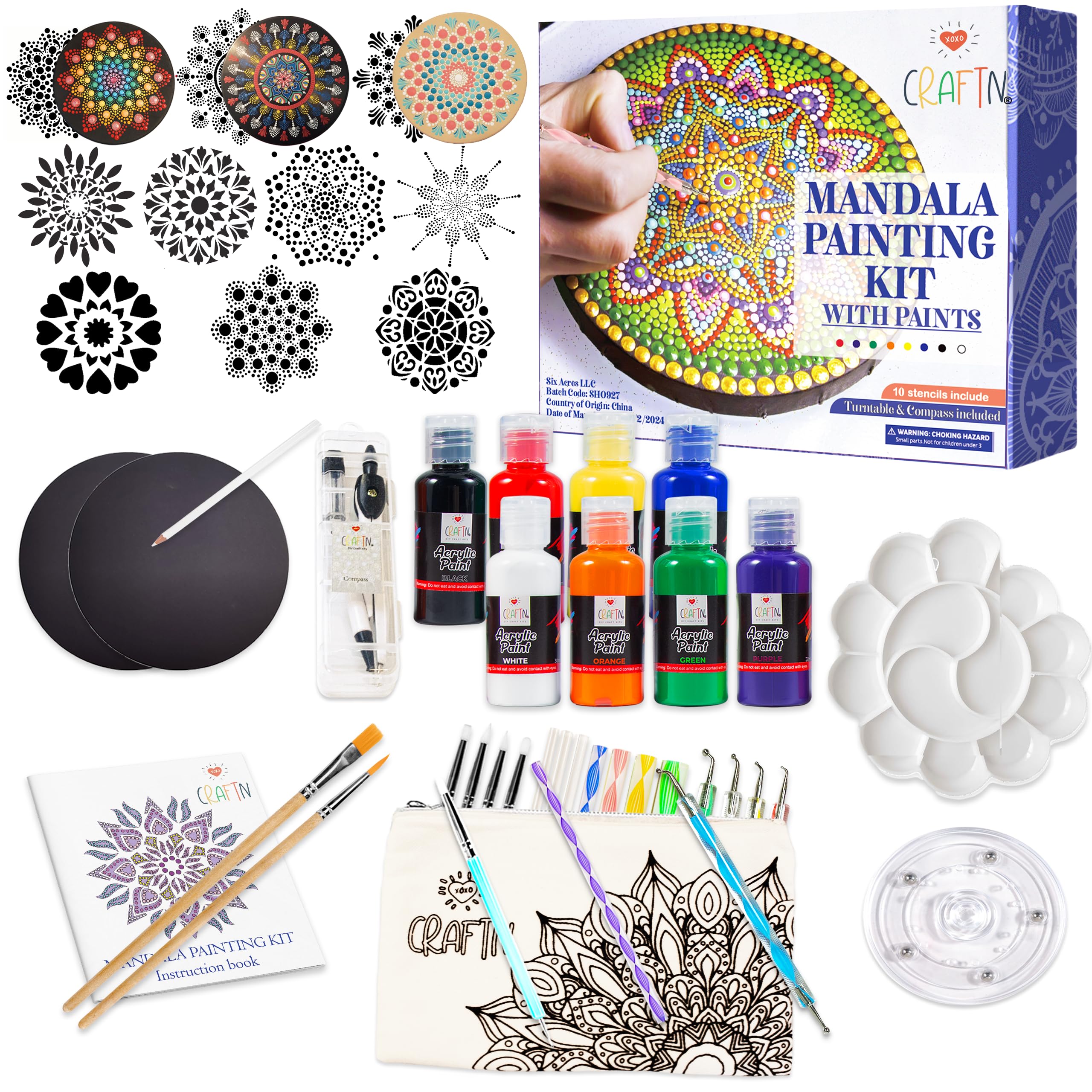 Complete Beginner's Mandala Painting 46 Piece Kit with Acrylic Paints, Reusable Stencils and Dotting Tools. Fun Rock Art & DIY Craft Project. Starter Activity Pack and Gift for Teens, and Adults