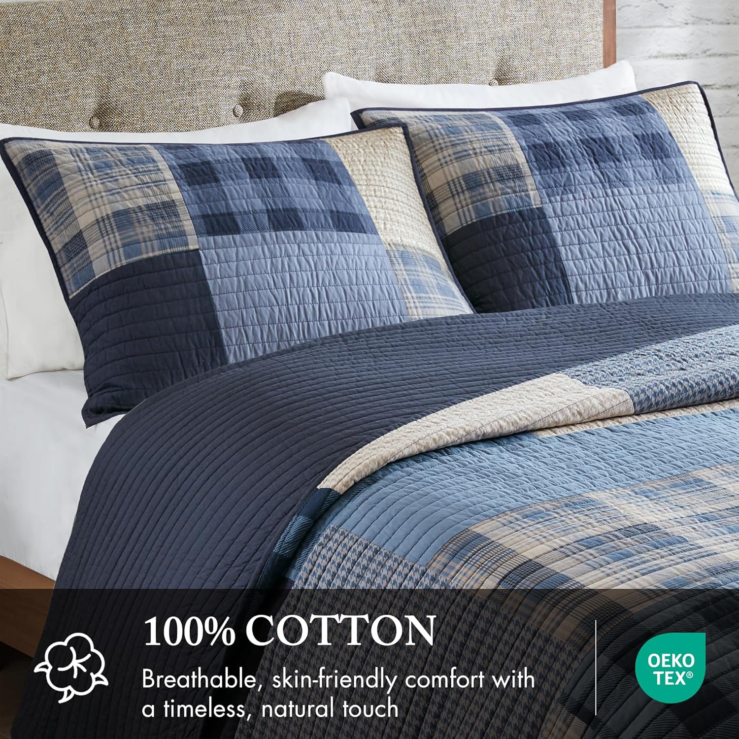 Woolrich Quilt Set Patchwork Channel Quilting, Cottage Coverlet for Twin Size Bed All Seasons, Lightweight Prewashed Cotton Coverlet Bedspread, Shams, Winter Hills, Oversized Full/Queen Blue 3 Piece