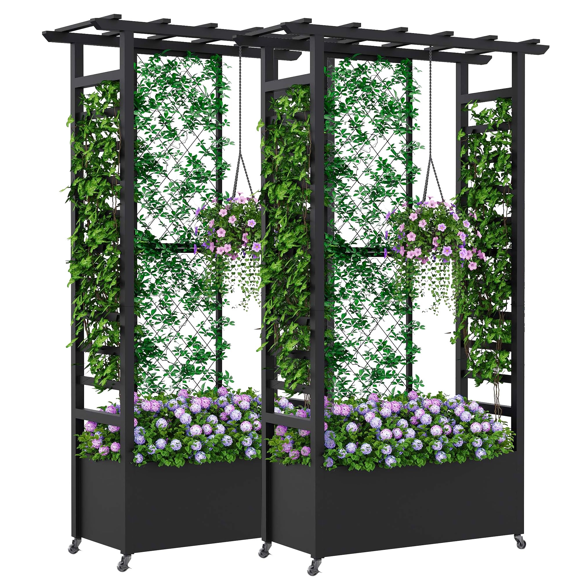 Hochbeet mit Rankgitter und Hängedach, wetterfester Metall-Pflanzkasten mit 4 Rollen und 2 seitlichen Rankgittern für Kletterpflanzen, mobiler Sichtschutz für Terrasse, Balkon und Garten