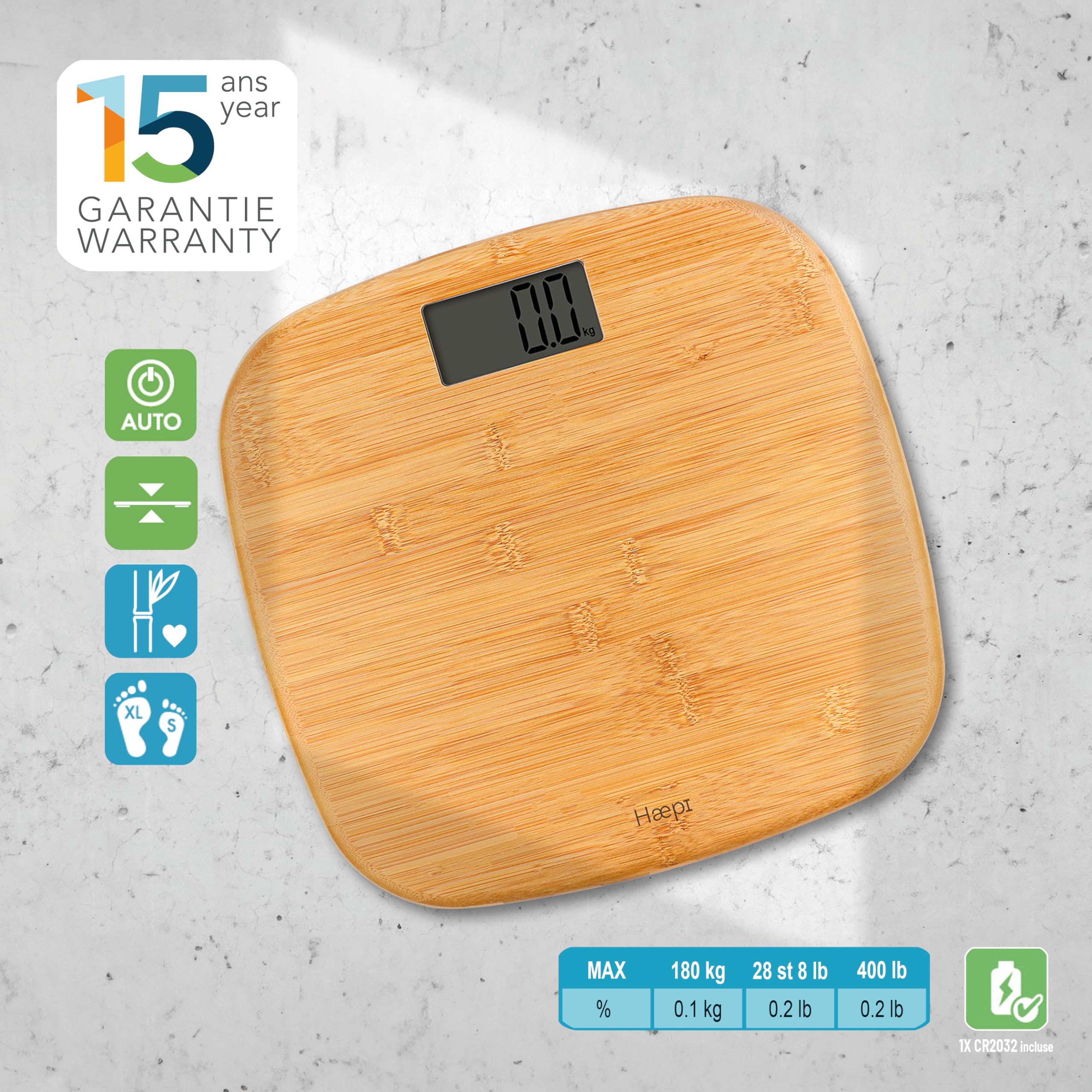 Haepi – Báscula de bambú con bandeja grande y pantalla – Diseño preciso – Superficie suave – Capacidad 180 kg – Pilas incluidas – Garantía de 15 años