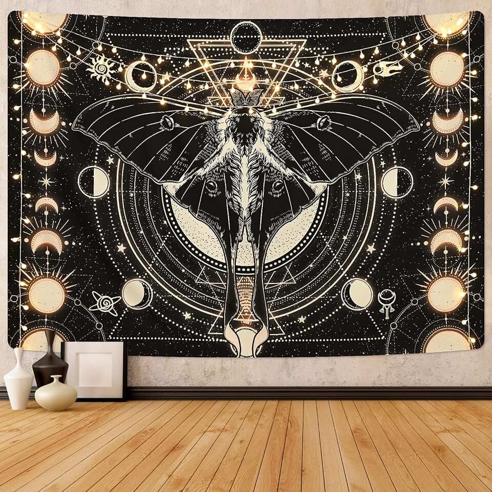Yrendenge Tapiz psicodélico de fase lunar para colgar en la pared, tapiz de mariposa de luna, tapiz de misterio estético para colgar en la pared para habitación, 83x59 pulgadas (210x150 cm)
