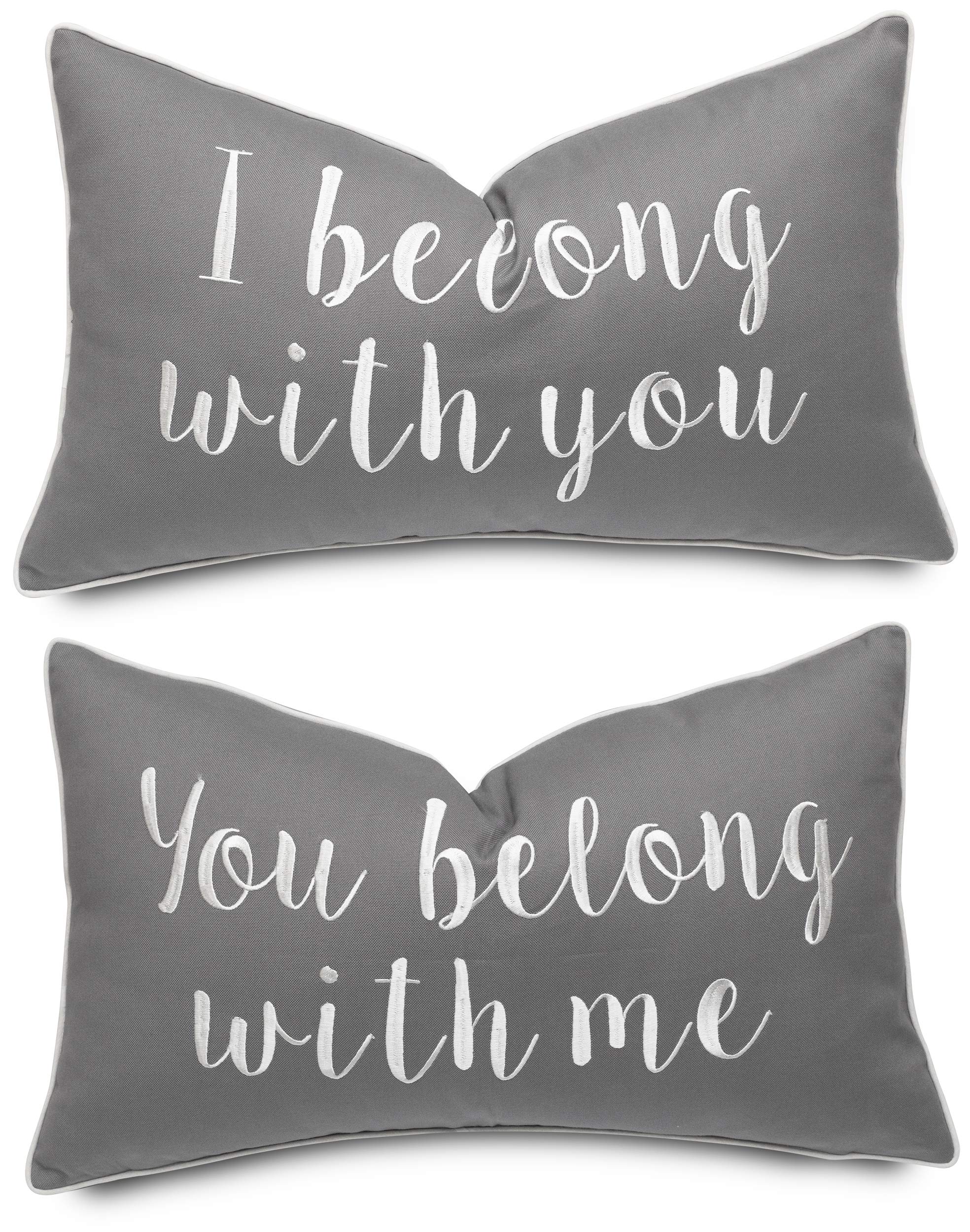 Rudransha I Belong You Belong Set of 2 pcs Cotton Embroidered Decorative Oblong Throw Pillowcase - Couple Bedroom, Gift for Wedding, Anniversary - 12x20, Medium Grey