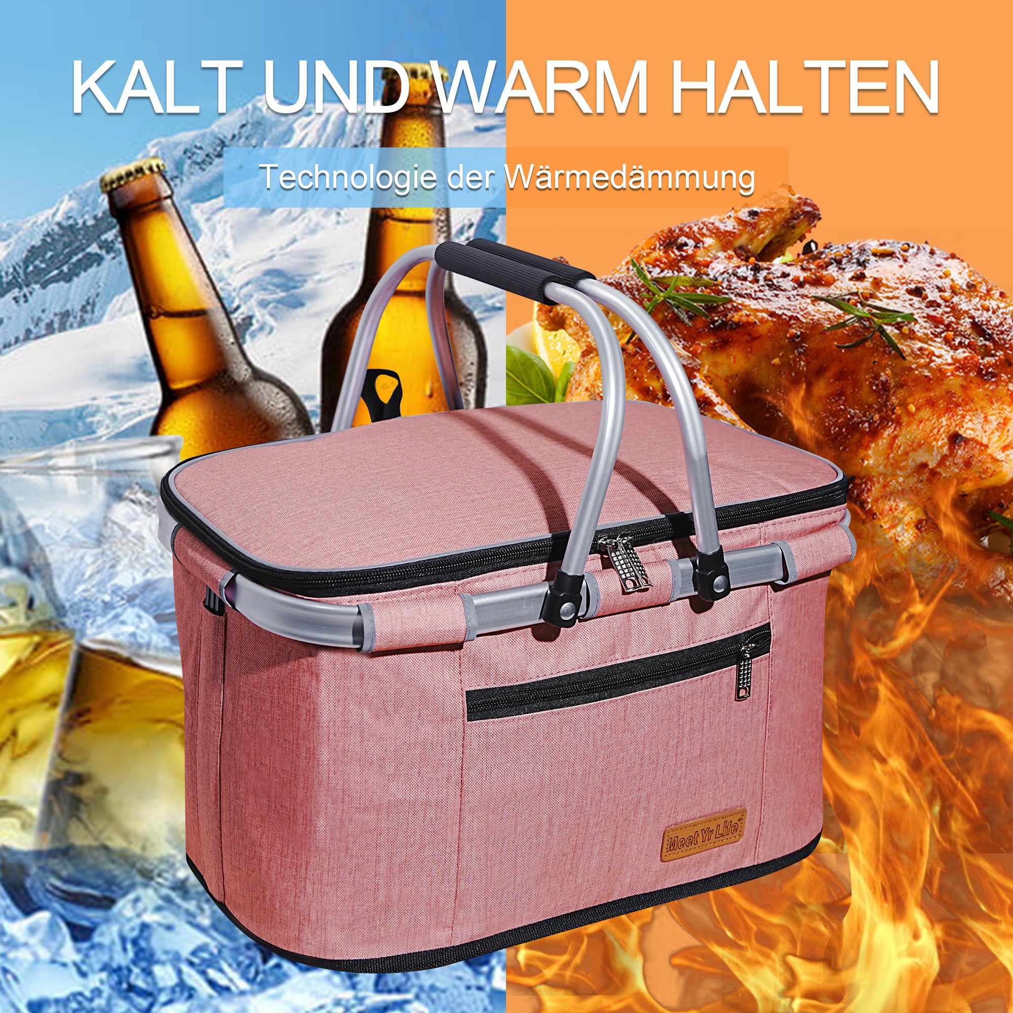 ABIUBIU Sac isotherme - Grand panier isotherme - Pour le bureau, le camping, les pique-niques, les voyages - Support latéral - Pour le bureau, le camping, les pique-niques, les voyages - Couleur