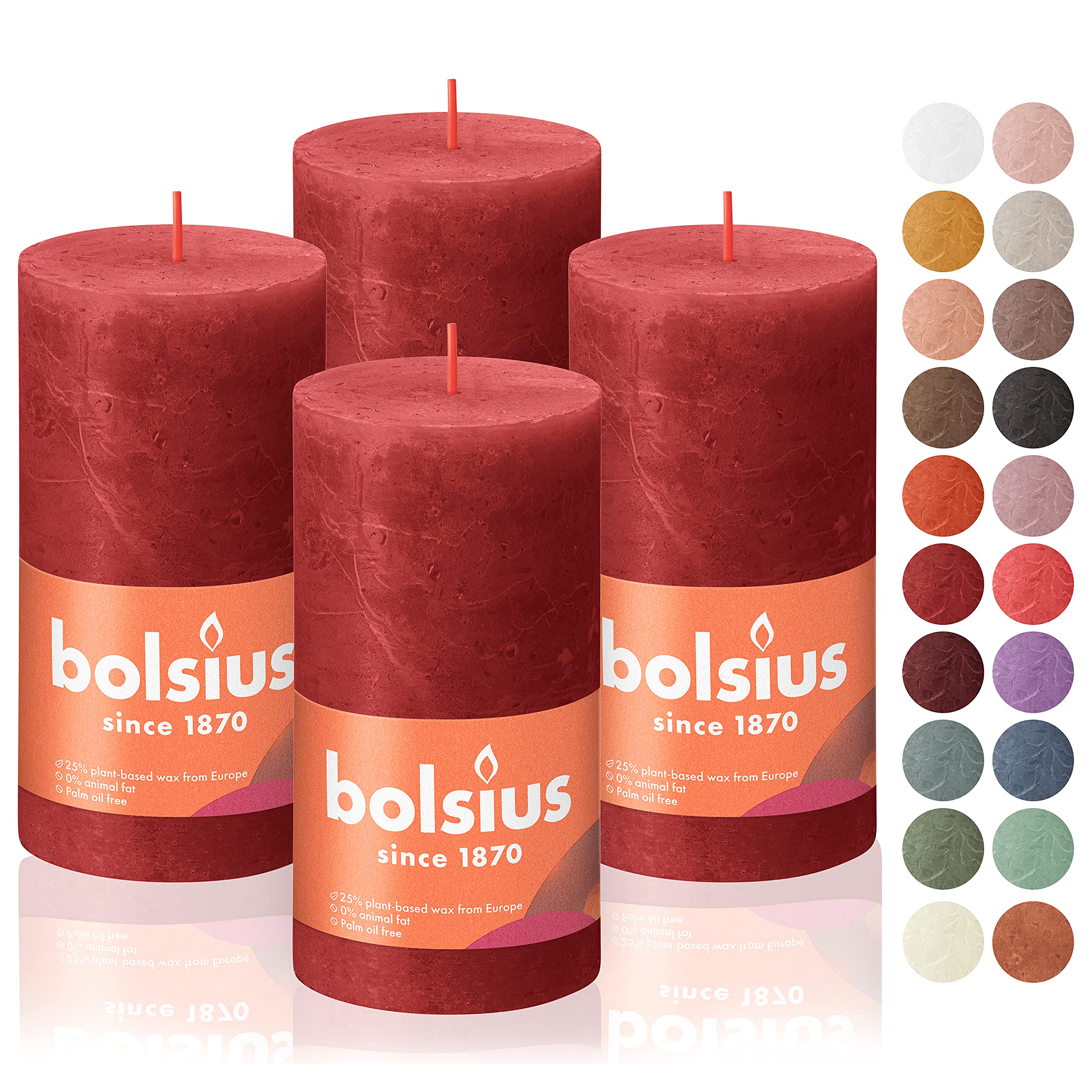 BOLSIUS 4 Pack Delicate Red Rustic Pillar Candles - 2.75 X 5 Inches - Premium European Quality - Includes Natural Plant-Based Wax - Unscented Dripless Smokeless 60 Hour Party and Wedding Candles