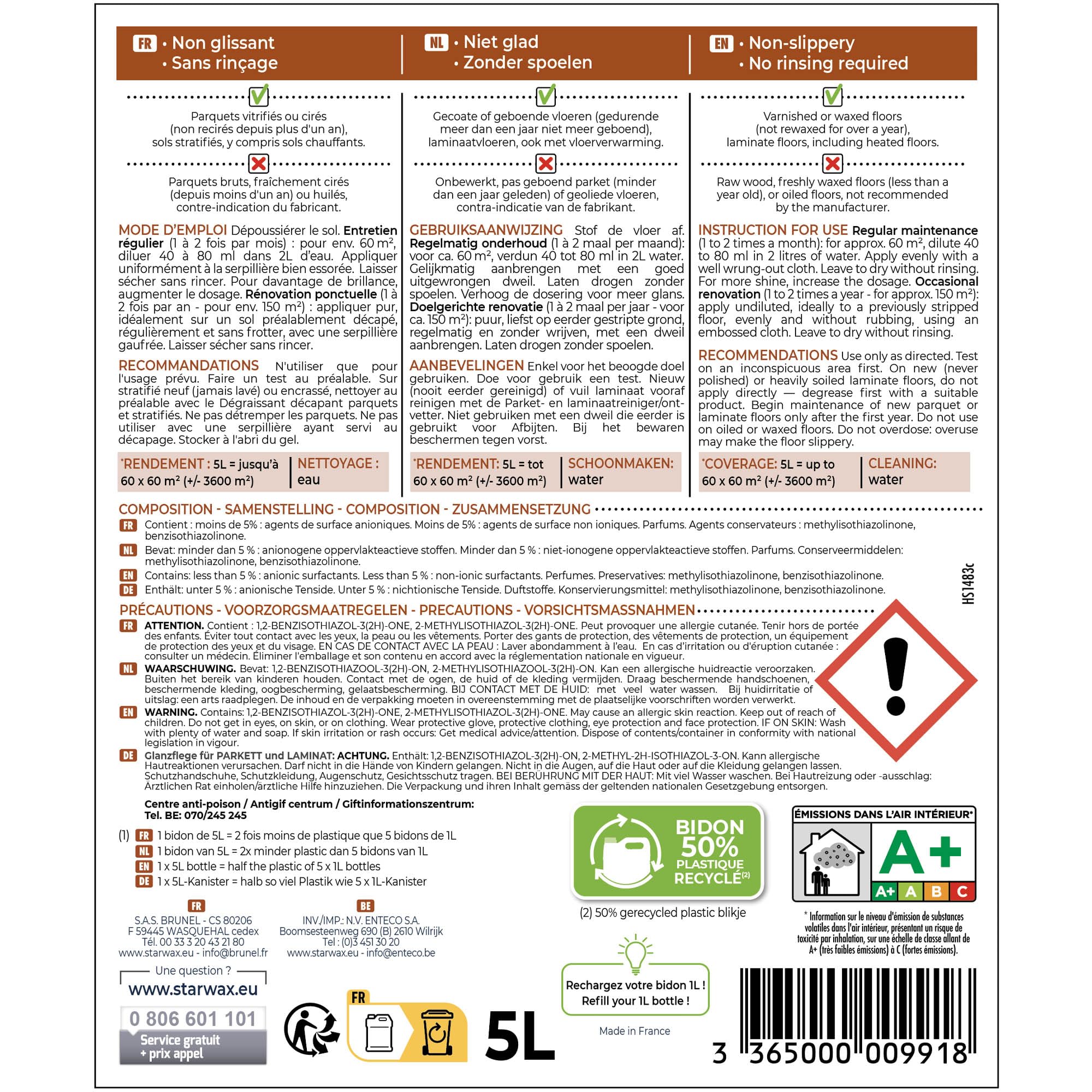 STARWAX Entretien brillant pour parquets et sols stratifiés 5L | Nettoie et ravive la brillance, estompe les rayures, réchauffe la teinte, sans rinçage, non glissant, jusqu'à 3600m²