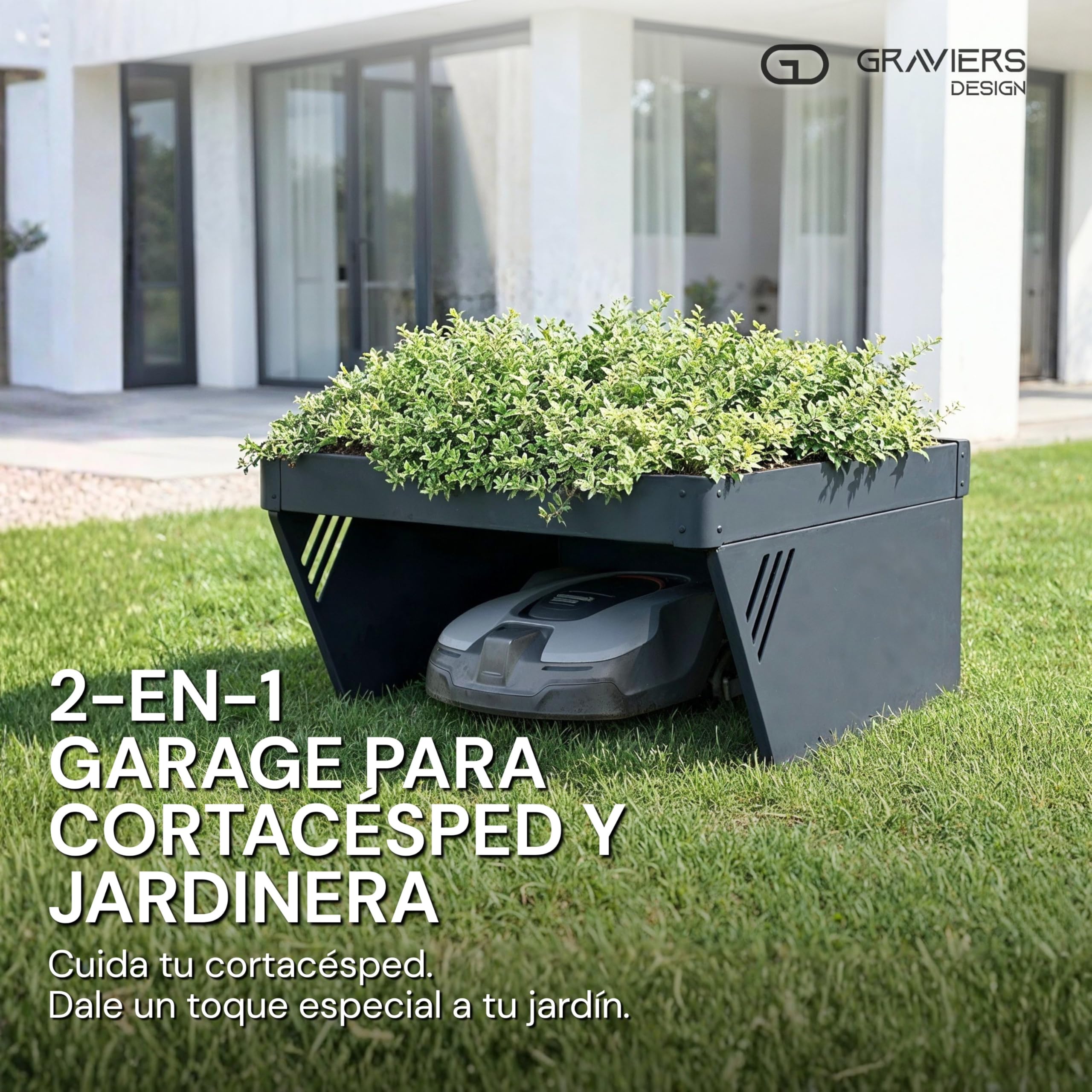 Graviers Garaje para robot cortacésped con jardinera, antracita RAL 7016, techo para robot de césped, protección solar y protección contra la lluvia, acero 60 x 70 x 39,6 cm