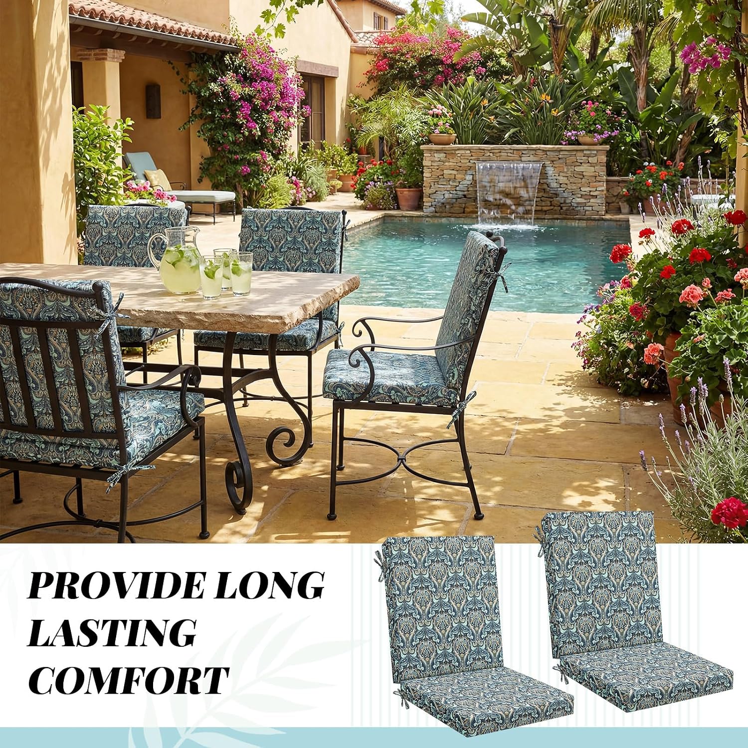Patelai 2 Set 42x21x3 Inch Outdoor Patio Chair Cushions for Dining/Rocking Chairs High Back Soft Seat Pad with Ties Waterproof Fade Resistant for Indoor Outside Furniture (Vibrant,Paisley Blue Floral)