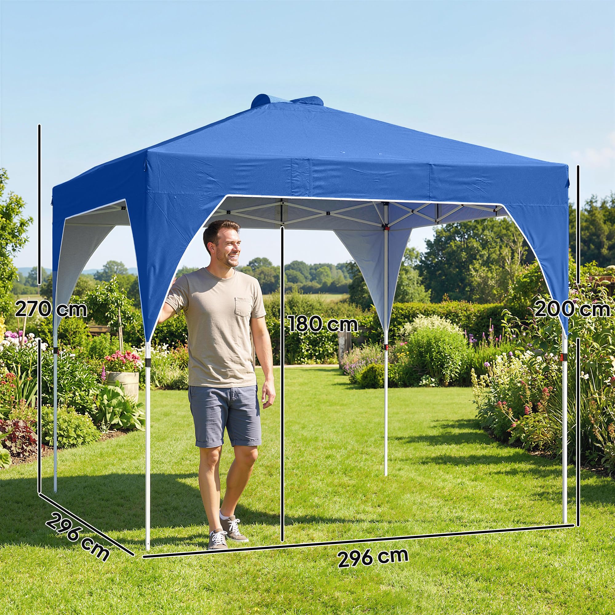 Outsunny Carpa Plegable 3x3 m, Pop-up, Cenador Pabellón de Jardín con Ventilación Superior, Bloqueo Central, UPF50+, Altura Ajustable 3 Niveles, Bolsa Transporte con Ruedas, Sacos de Arena, Azul