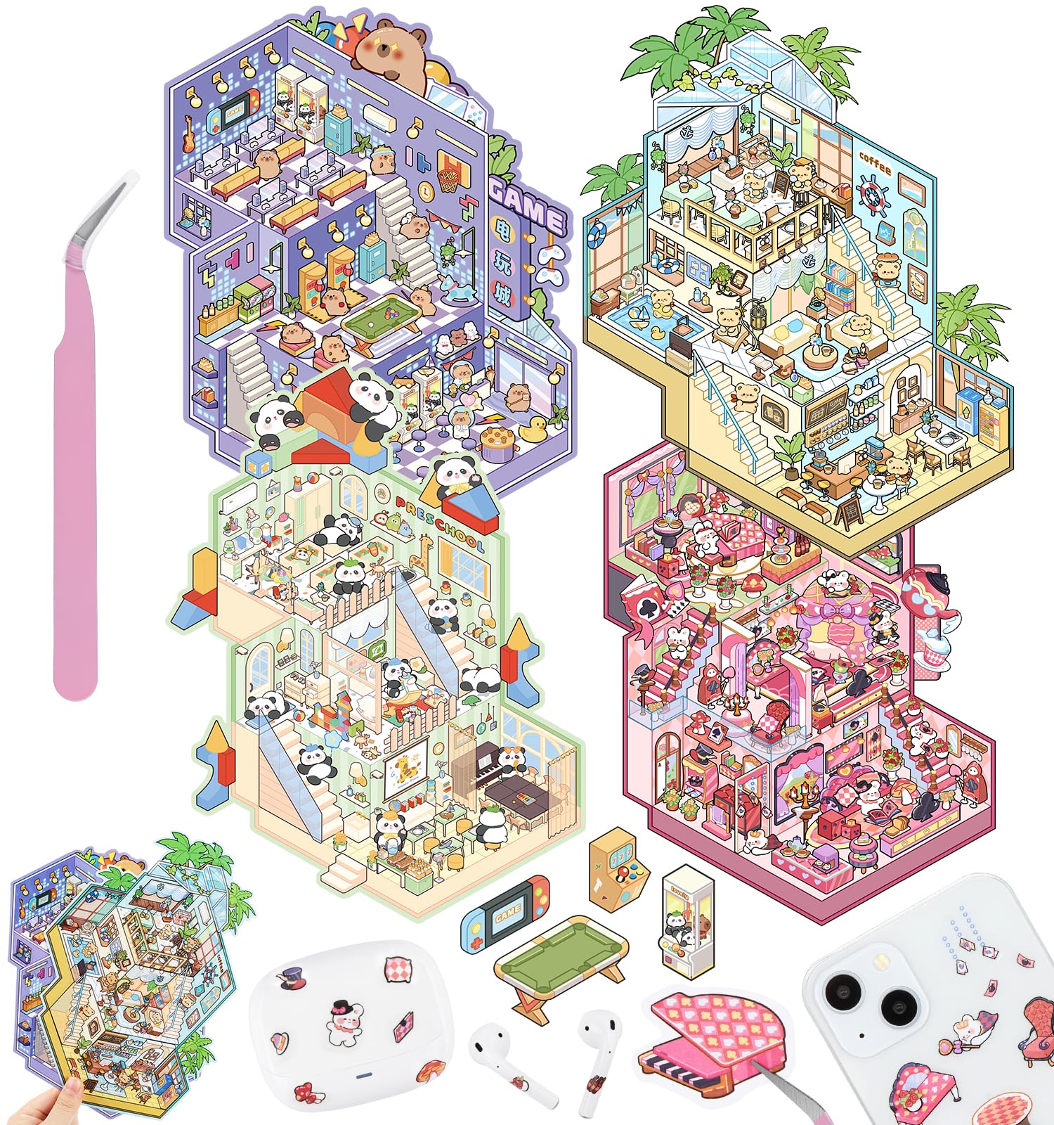 DIY 3D House Stickers, 4 Sets Fun DIY Stickers Scene Make Your Own Mini House Cute Cartoon Animal Scene Stickers for Kids Adult Sticker Art Relief