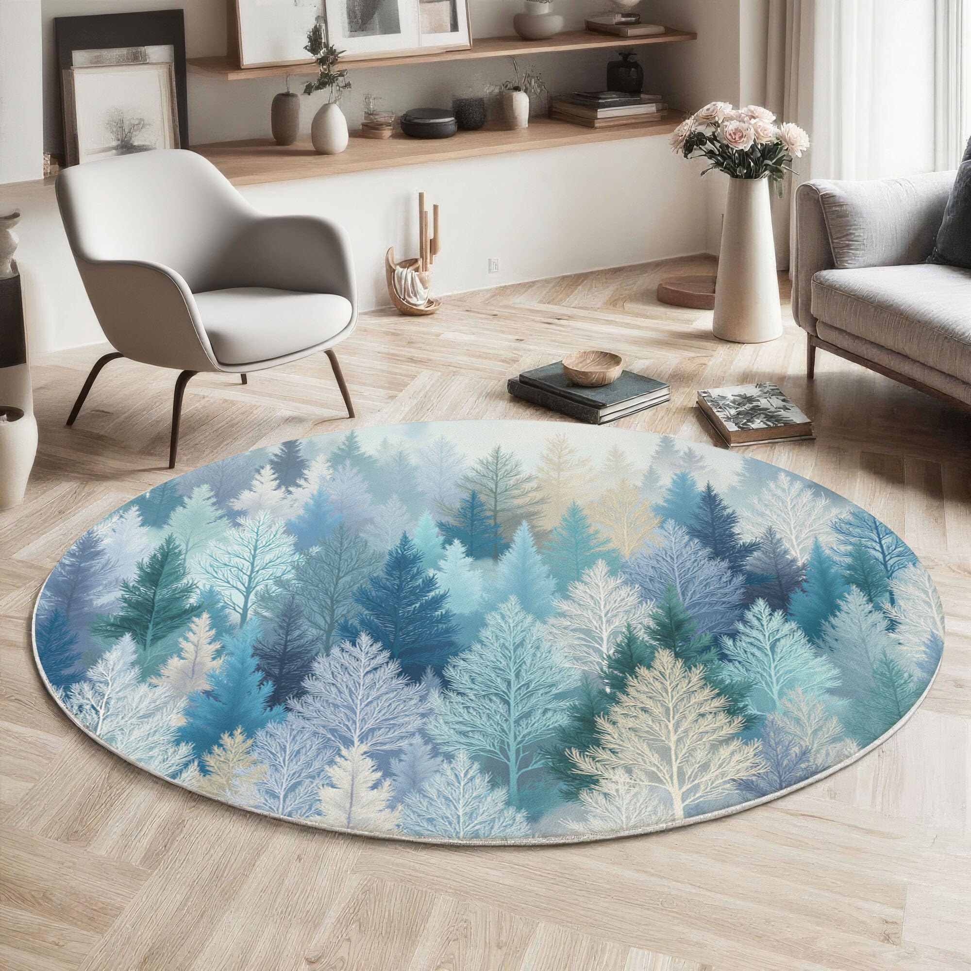Tapis rond forêt de pins 200 cm : fin et lavable, fini les galères de nettoyage au salon