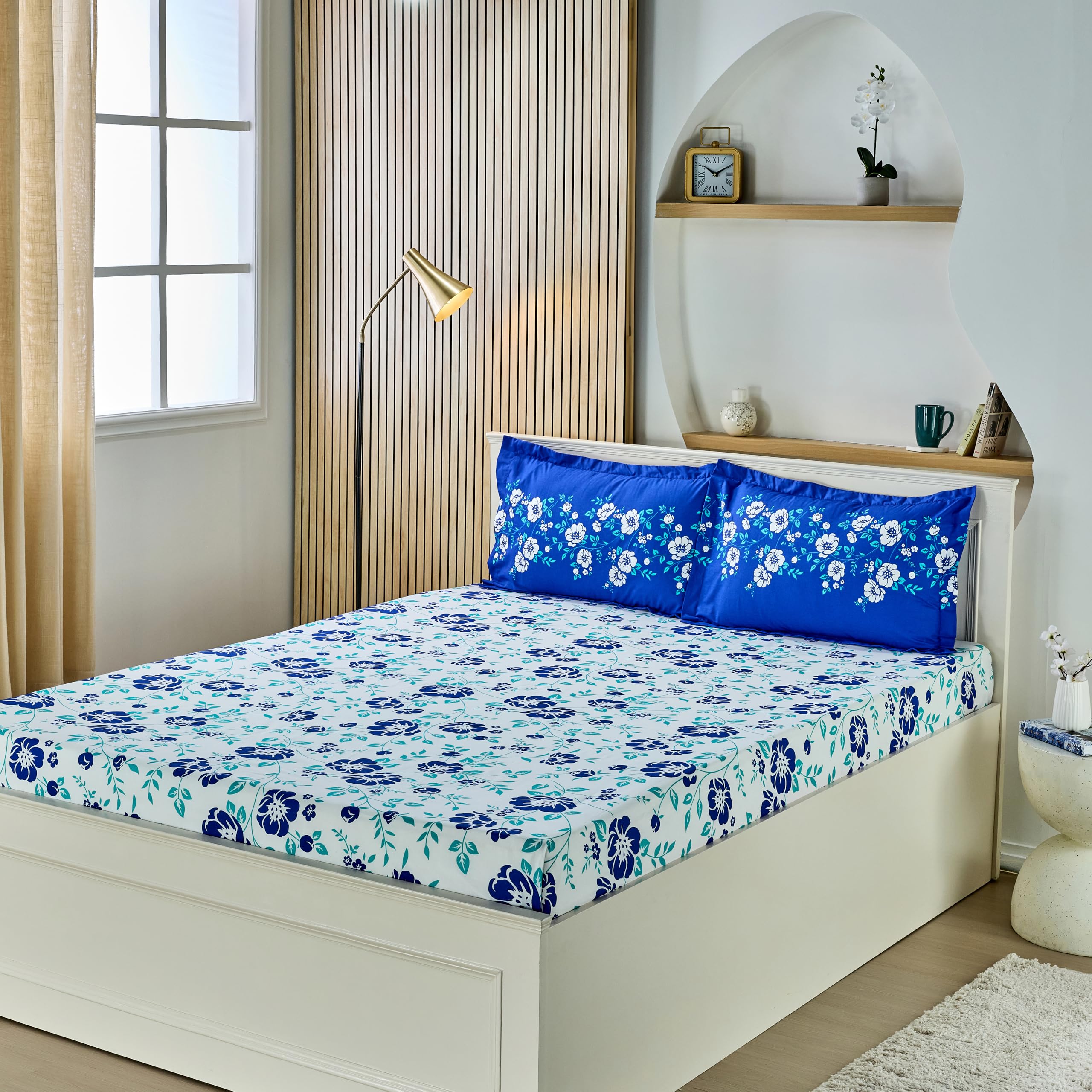 Amazon Brand - Solimo Jasmine Zest 144Tc 100% Cotton Double Bedsheet With 2 Pillow Covers, Blue, Floral, 144 tc