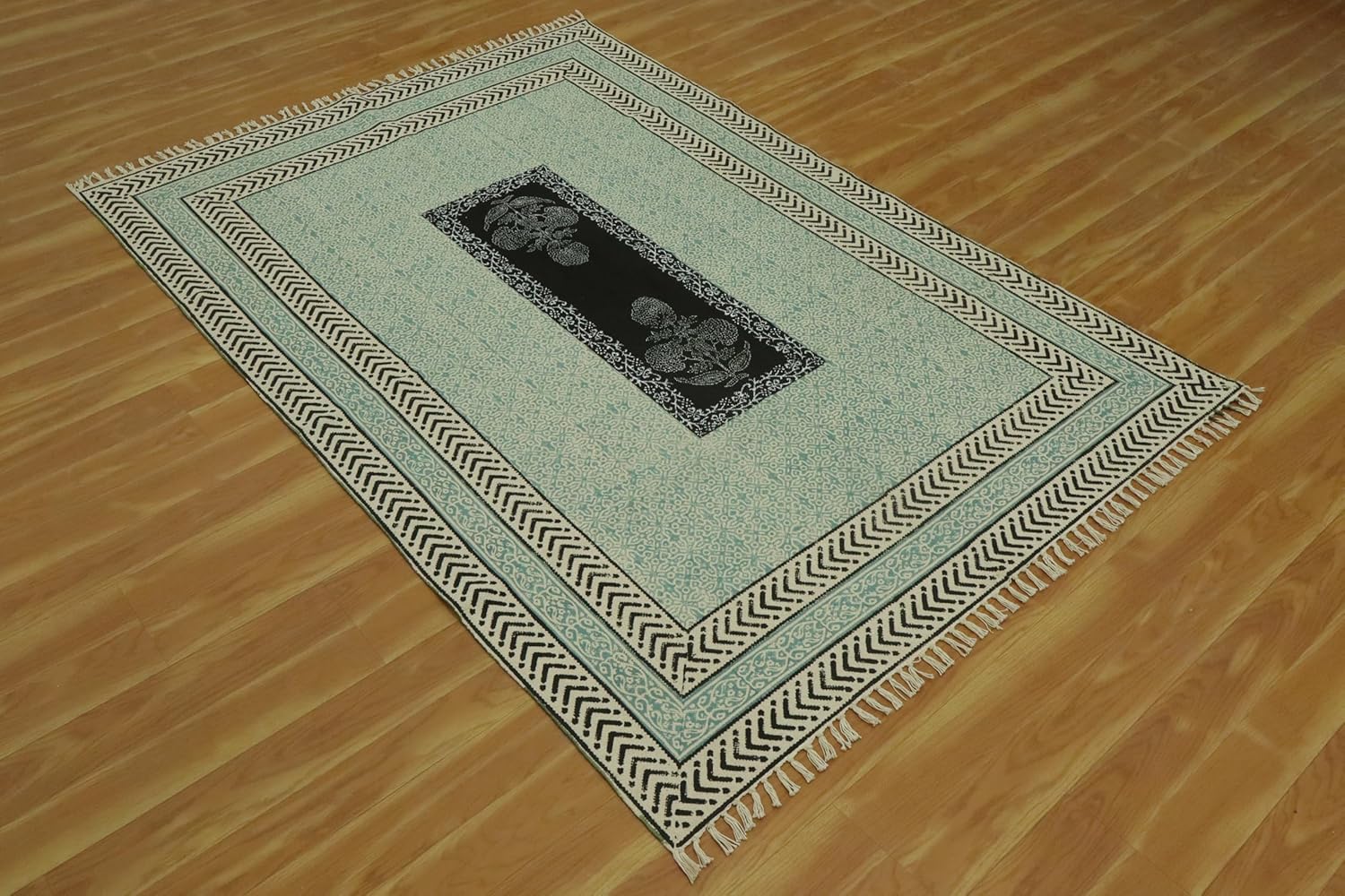 Kilim Runner 4x20 Blue Black Geometric Design Hand Block Printed Cotton Dhurrie Hand Surface Washable Runner 0.19" Thick Handmade Boho Indoor Outdoor Flatweave Rugs for Hallway,Staircases,Corridor
