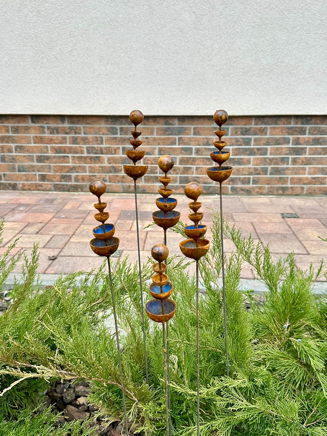 Rusty Outdoor Decor Set of 6 Tiny Flower Garden Stakes, Metal Yard Art, Rustic Metal Garden Ornament