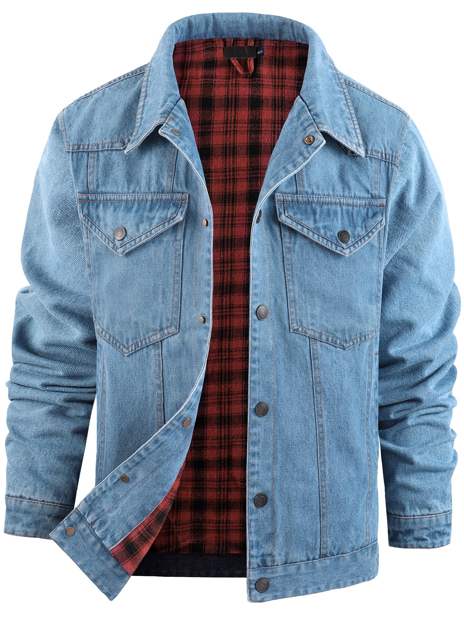 Mr.Stream Men's Snap Jean Jacket Western Cowboy Plaid Flannel Lined Work Denim Trucker Jackets