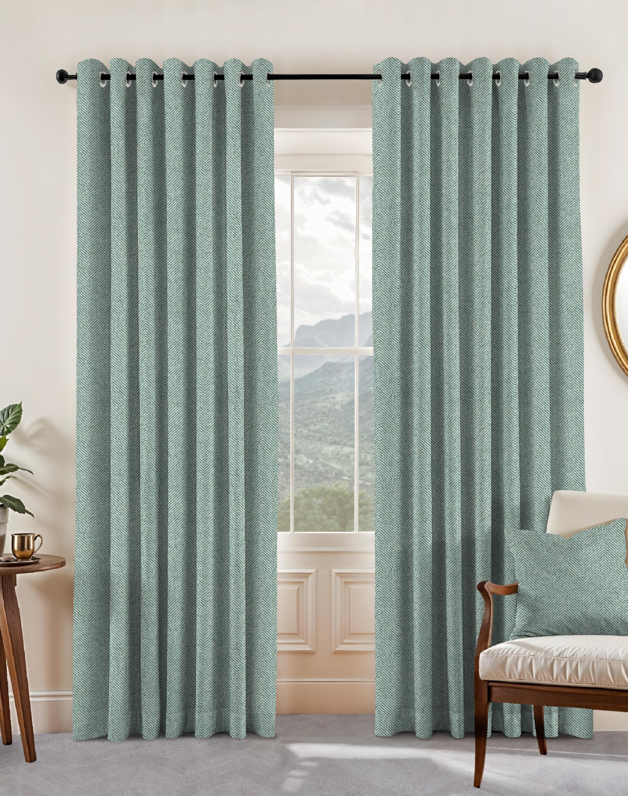 Casableu Herringbone Polyester Eyelets (Steel) Blackout Curtains with Tie Back, Bedroom Living Room (7 Feet (Set of 2) Pair, Sea Green)-image-26
