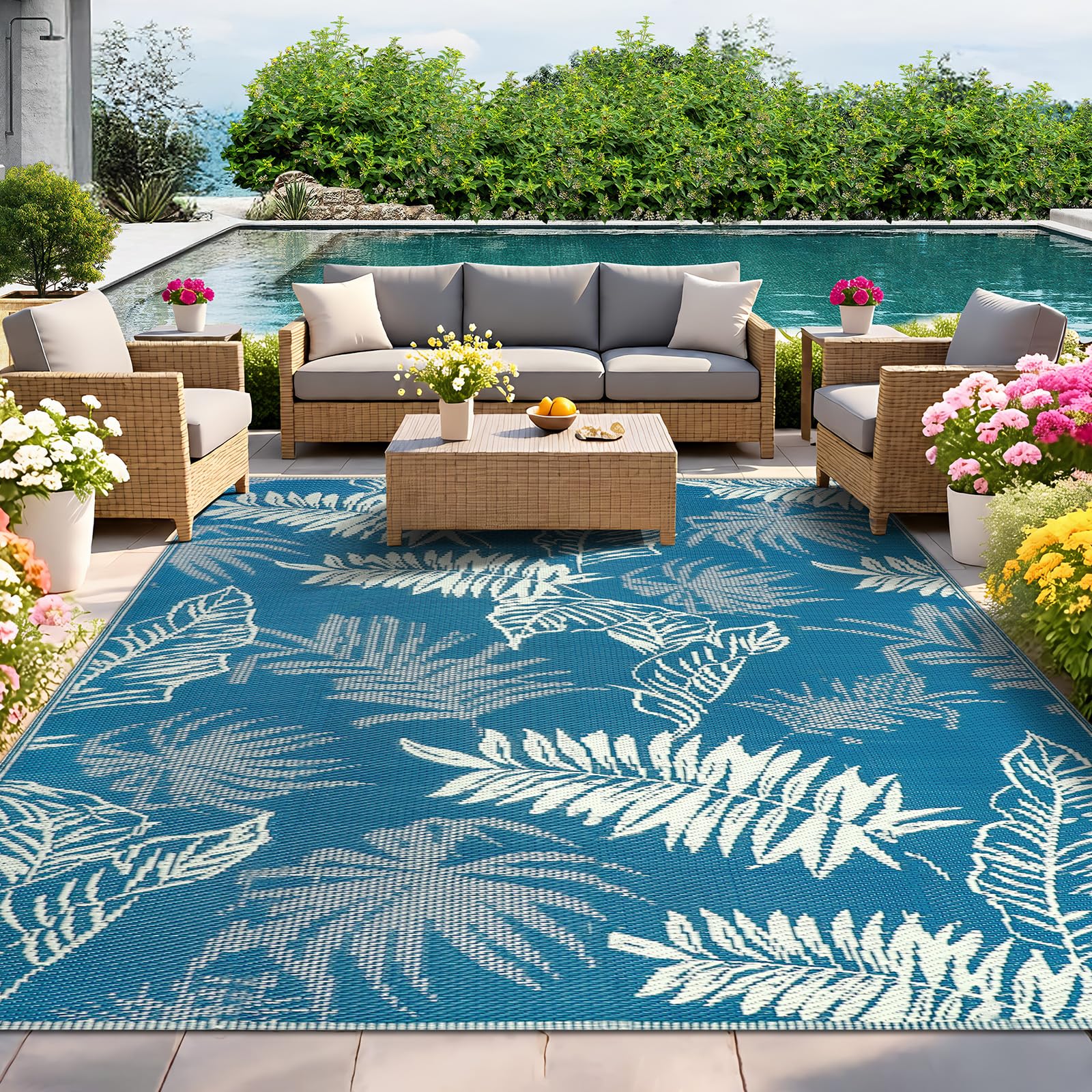 Alfombra Exterior Impermeable, Plegables Alfombra Terraza Exterior 270x365 cm, Reversible Plástico Alfombras de Exterior para Jardín, Picnic, Balcón, Barbacoa