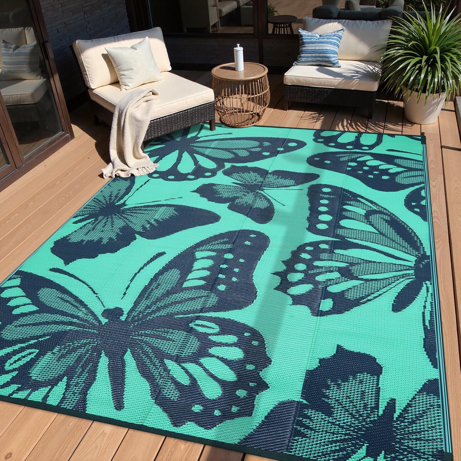 Anidaroel 6'X9' Waterproof Outdoor Rugs for Patios, Butterfly Outdoor Plastic Straw Rug, Reversible Outside RV Camping Rug, Portable Large Outdoor Area Rug for Deck Backyard Picnic(Green,6‘X9') 1-green 6‘x9'