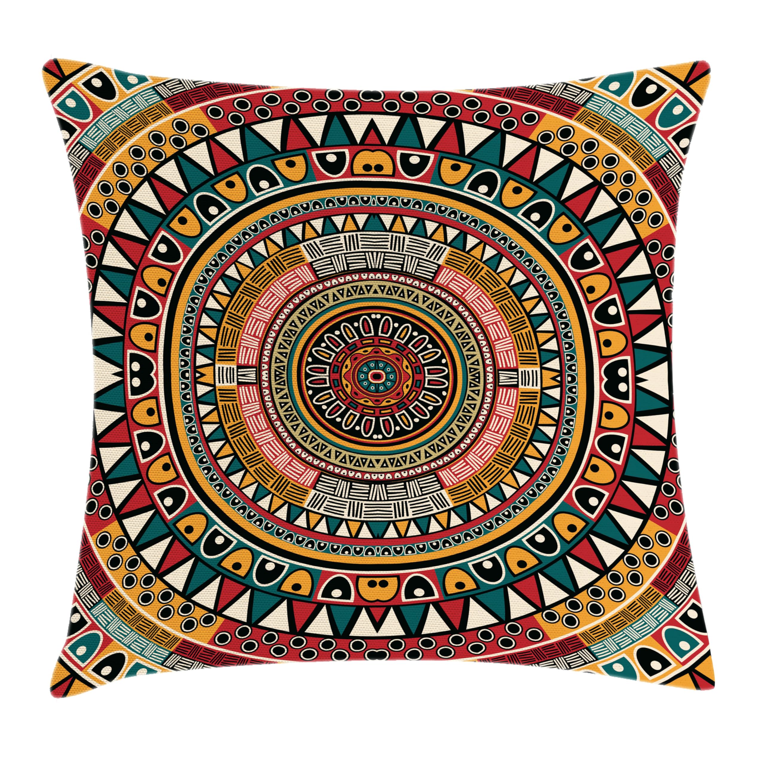 Ambesonne Tribal Throw Pillow Cushion Cover, Folkloric Tribe Round Pattern Colors Aztec Art, Decorative Square Accent Pillow Case, 16" X 16", Mustard Jade