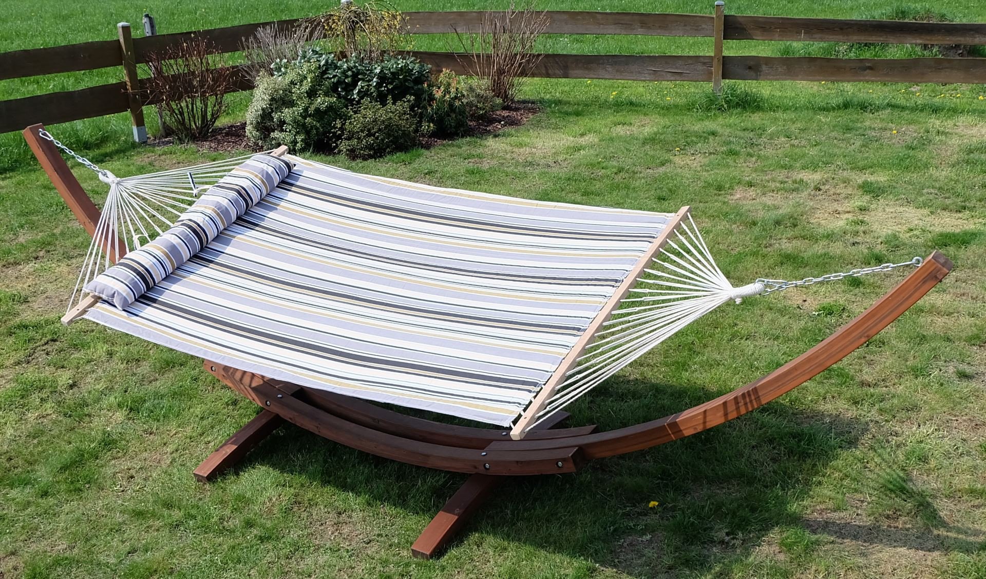 AS-S 410cm XXL Luxe Stand du hamac de mélèze Bois avec hamac HM4-LIM-G (Acier Inoxydable - REMBOURRÉ) avec Hamac