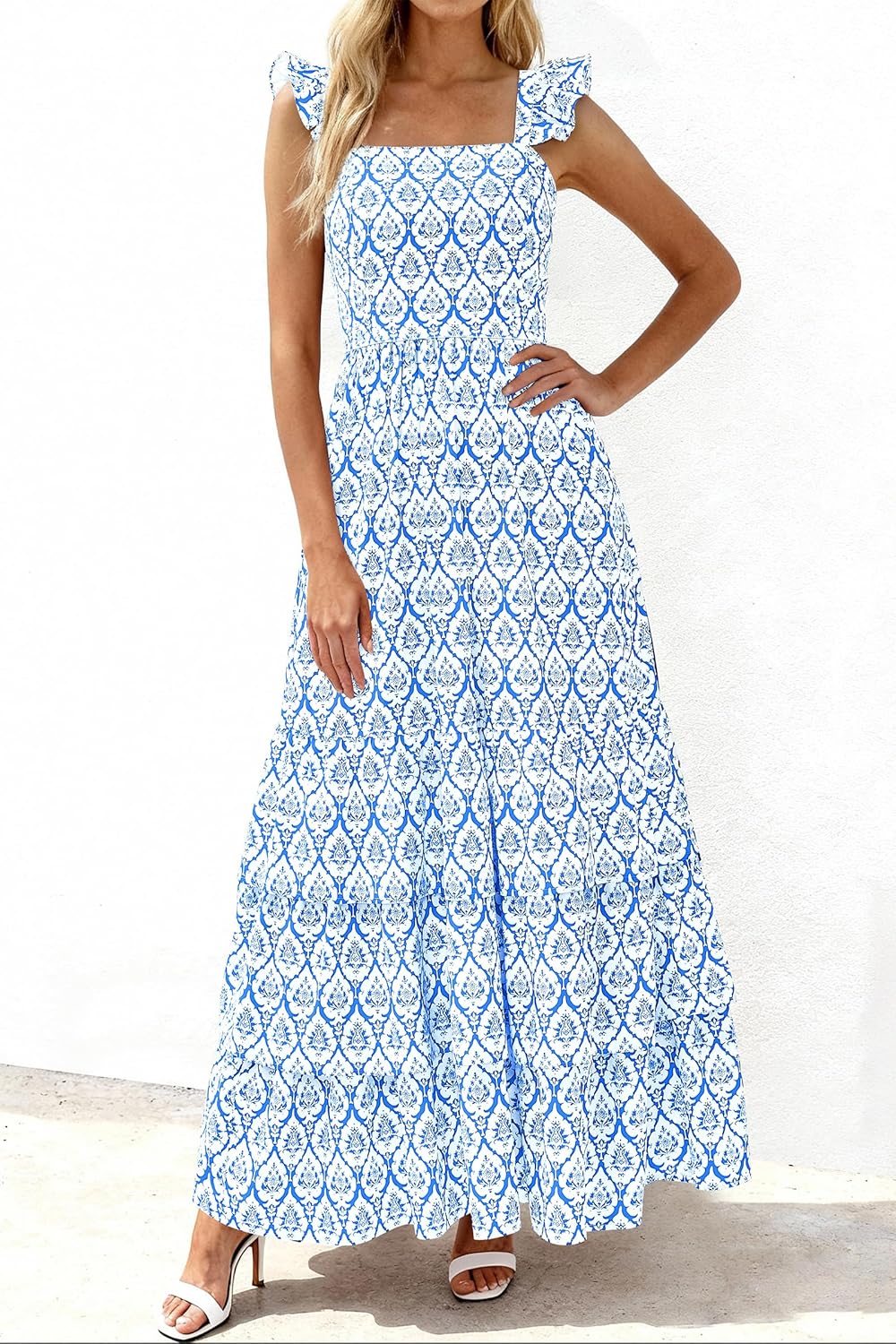 dowerme Summer Dresses for Women 2026 Casual Ruffle Smocked Tiered A-Line Boho Floral Maxi Beach Sun Dress with Pockets