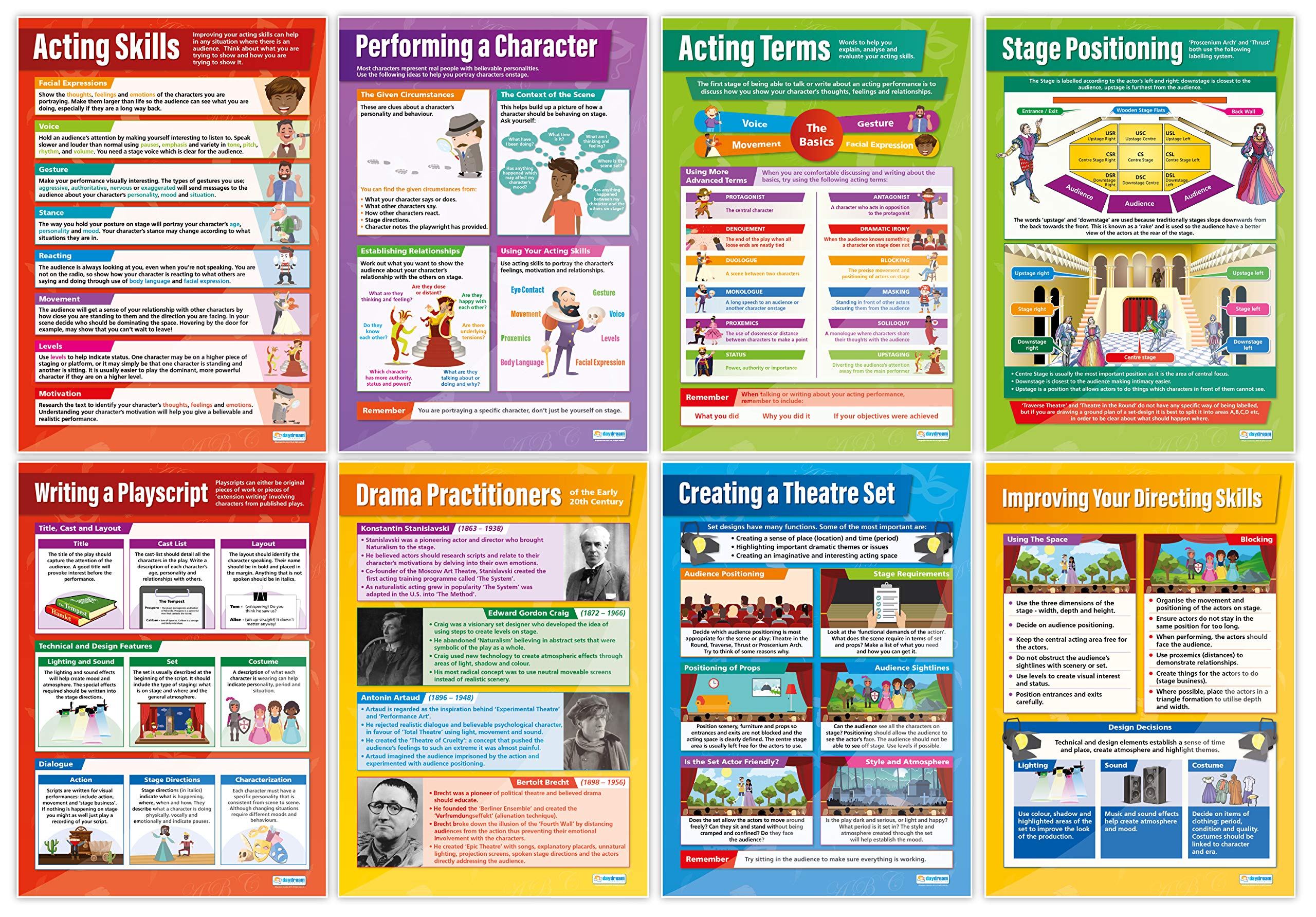 Daydream Education - Juego de 25 pósteres de drama | Papel brillante de 850 mm x 594 mm (A1) | Carteles de teatro para el aula | Gráficos educativos