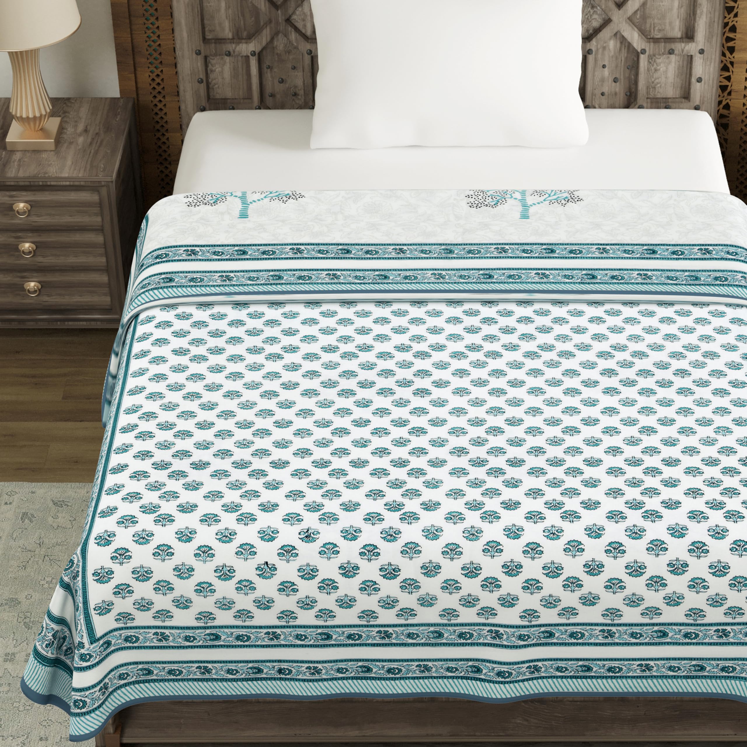 BLOCKS OF INDIA Hand Block Printed Cotton Single Size Reversible Malmal Dohar for Summer (Blue Tree)-300 TC 4