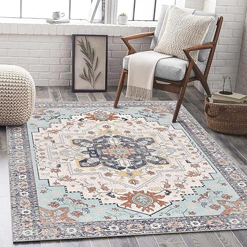 LOOMY Washable Area Rug 8x10, Large Soft Rugs for Living Room Vintage Beige Carpet 8x10 Area Rugs for Bedroom Dining Room Non-Slip Stain Resistant Under Table Rug