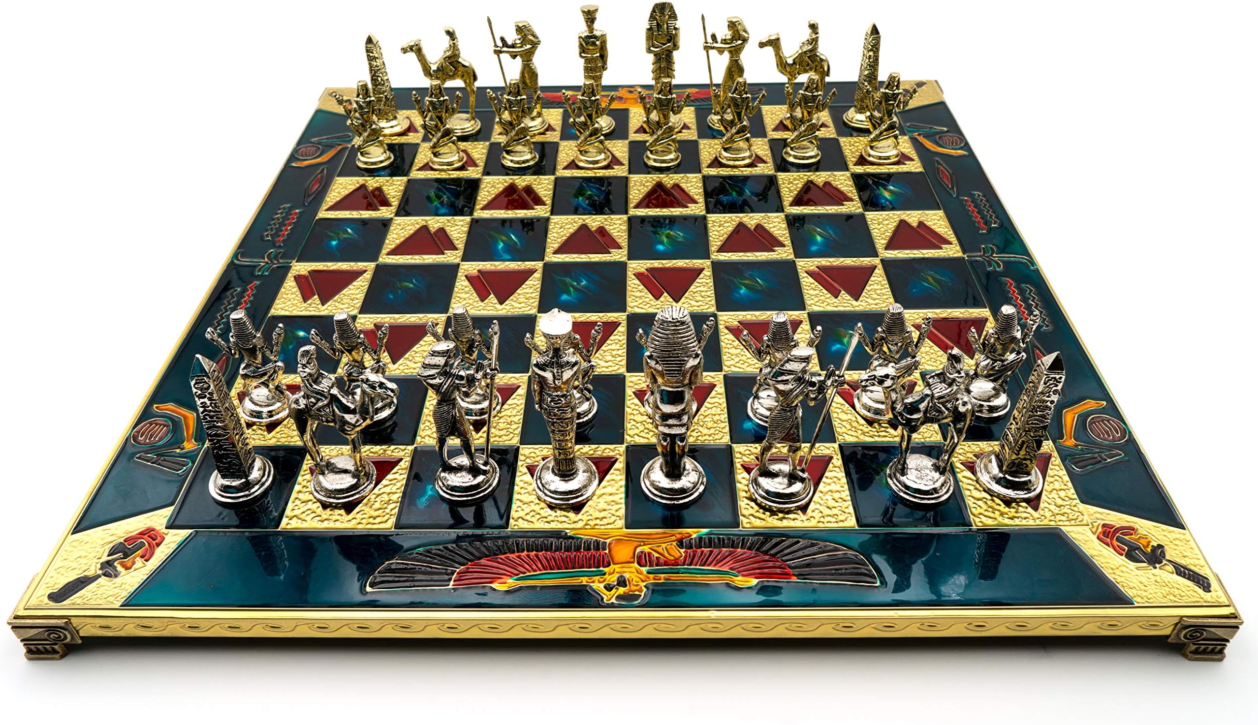 Handmade Egyptian Metal Chess Set in Wooden Box