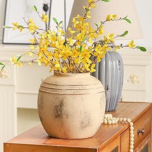 Lyeec Ceramic Flower Vase, 8.66 inch Tall Round Rustic Farmhouse Decorative Vase for Home Decor, Living Room Entryway Table Centerpiece Decor