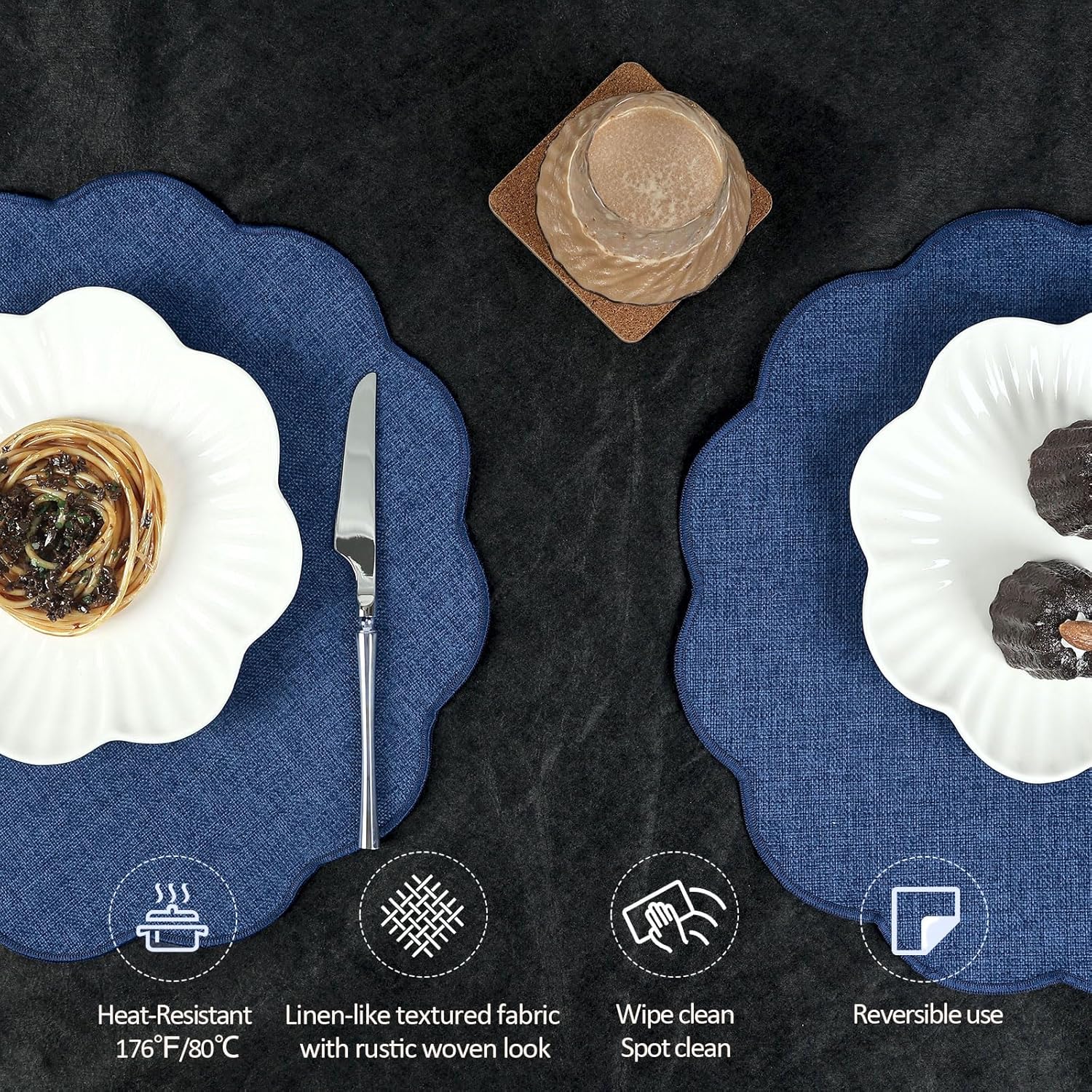 AHHFSMEI Round Faux Linen Placemats Set of 6 Heat Resistant Non-Slip Stain Proof Table Mats for Kitchen Dining Elegant Decor Place Mats (Navy Blue,6)
