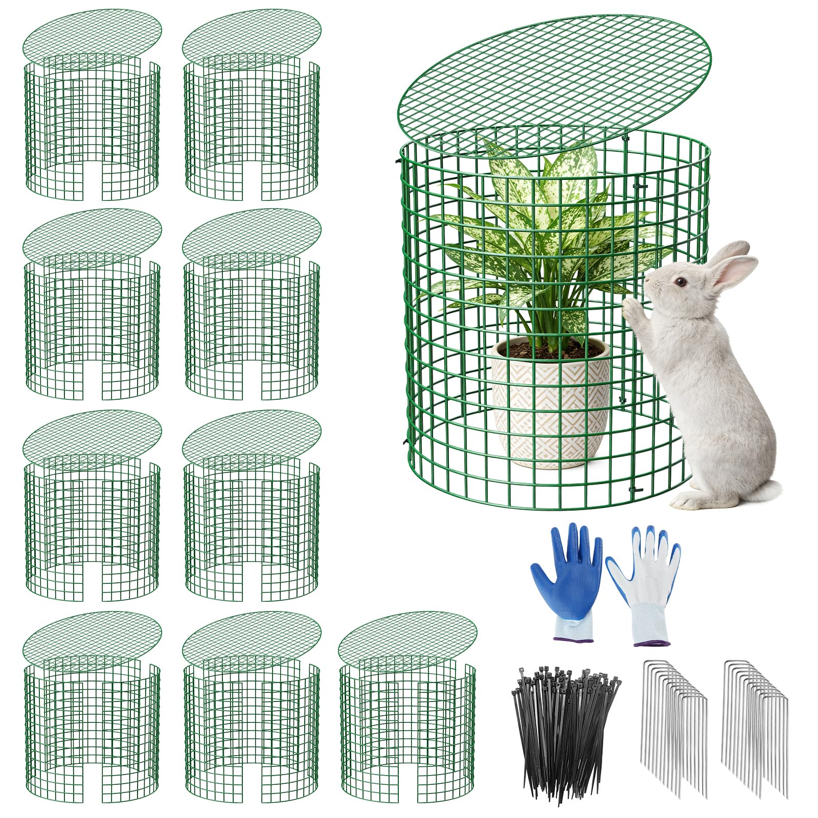 Lot de 10 grilles de protection pour plantes avec couvercle, 33 cm de haut, en métal vert, cage de protection pour plantes avec gants, serre-câbles et piquets de terre, protection