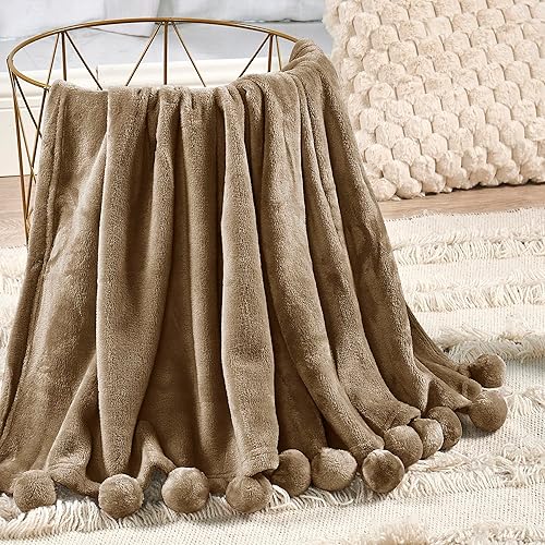 Miniatura 7 de BYTIDE Manta con pompones para sofá, manta de franela de vellón con borlas de flecos de pompones, manta afelpada, acogedora, cálida, suave, ligera