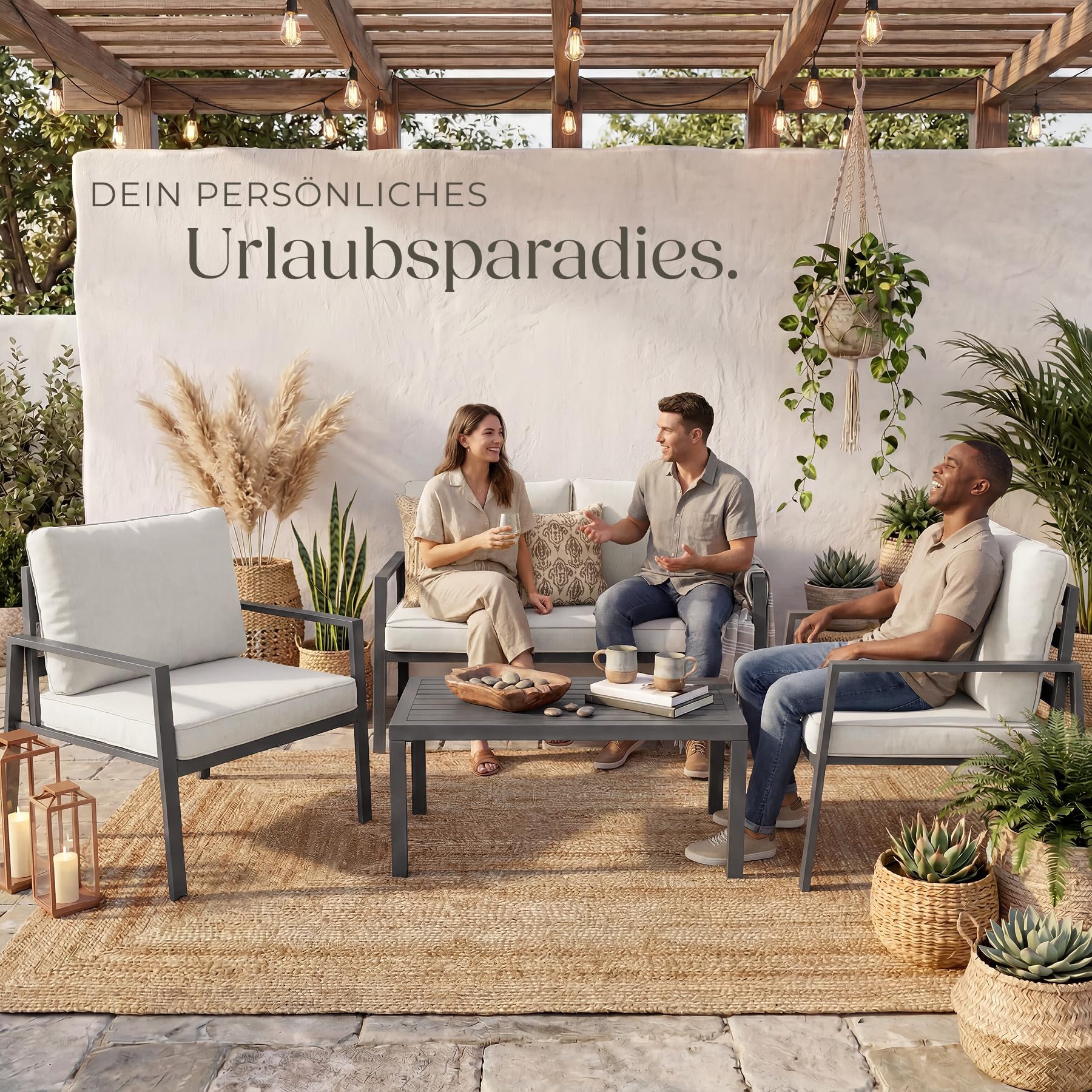 tectake® Aluminium Lounge, Set mit 2 Sessel 1 Sofa 1 Beistelltisch Outdoor, Gartenmöbel mit Kissen, Loungemöbel Set für Balkon, Garten, Wintergarten, Terrassenmöbel - hellgrau