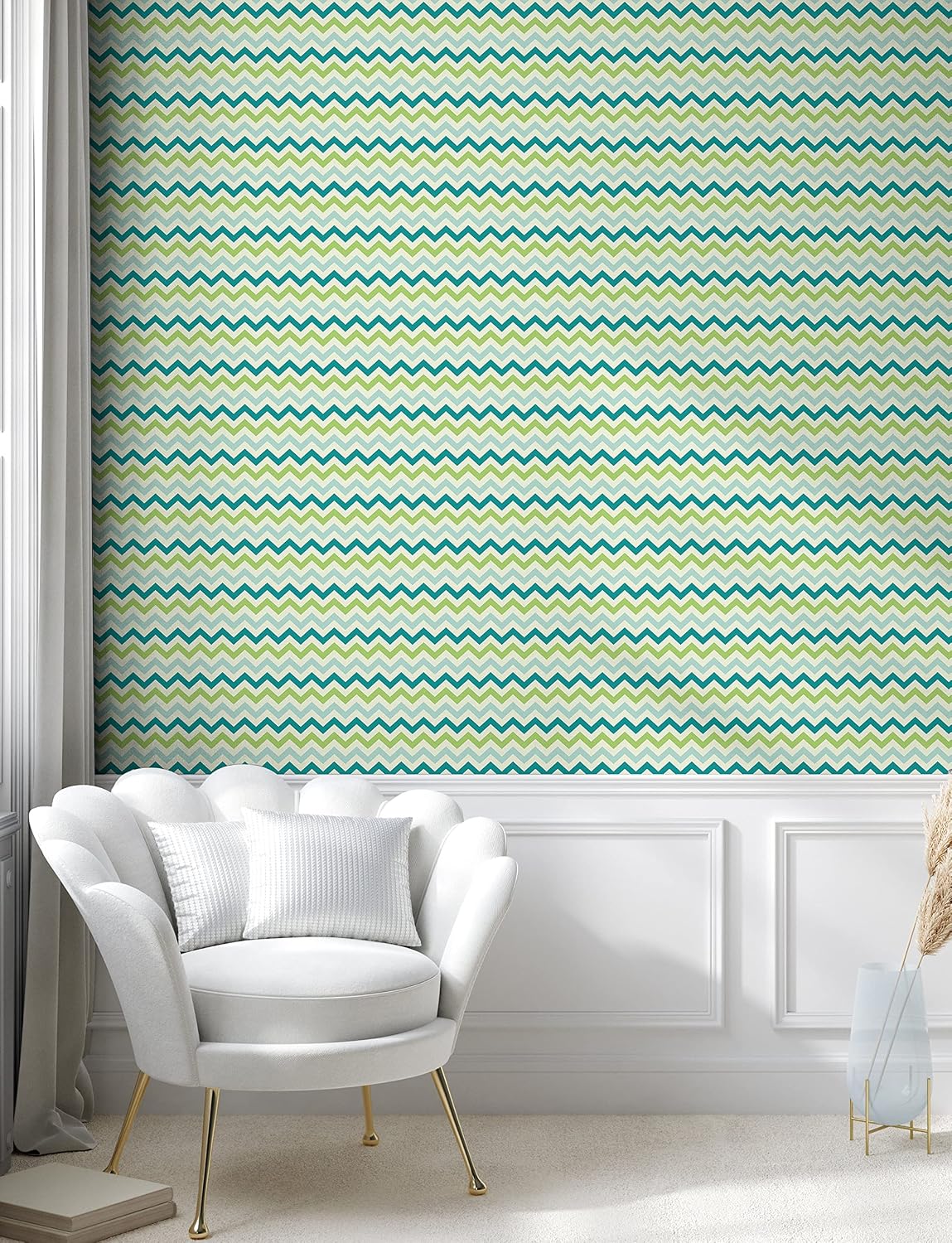 Lunarable Chevron Peel & Stick Wallpaper for Home, Chevron Pattern in Cool Pastel Color Palette Creativity Springtime, Self-Adhesive Living Room Kitchen Accent, 13" x 100", Lime Green Pale Blue