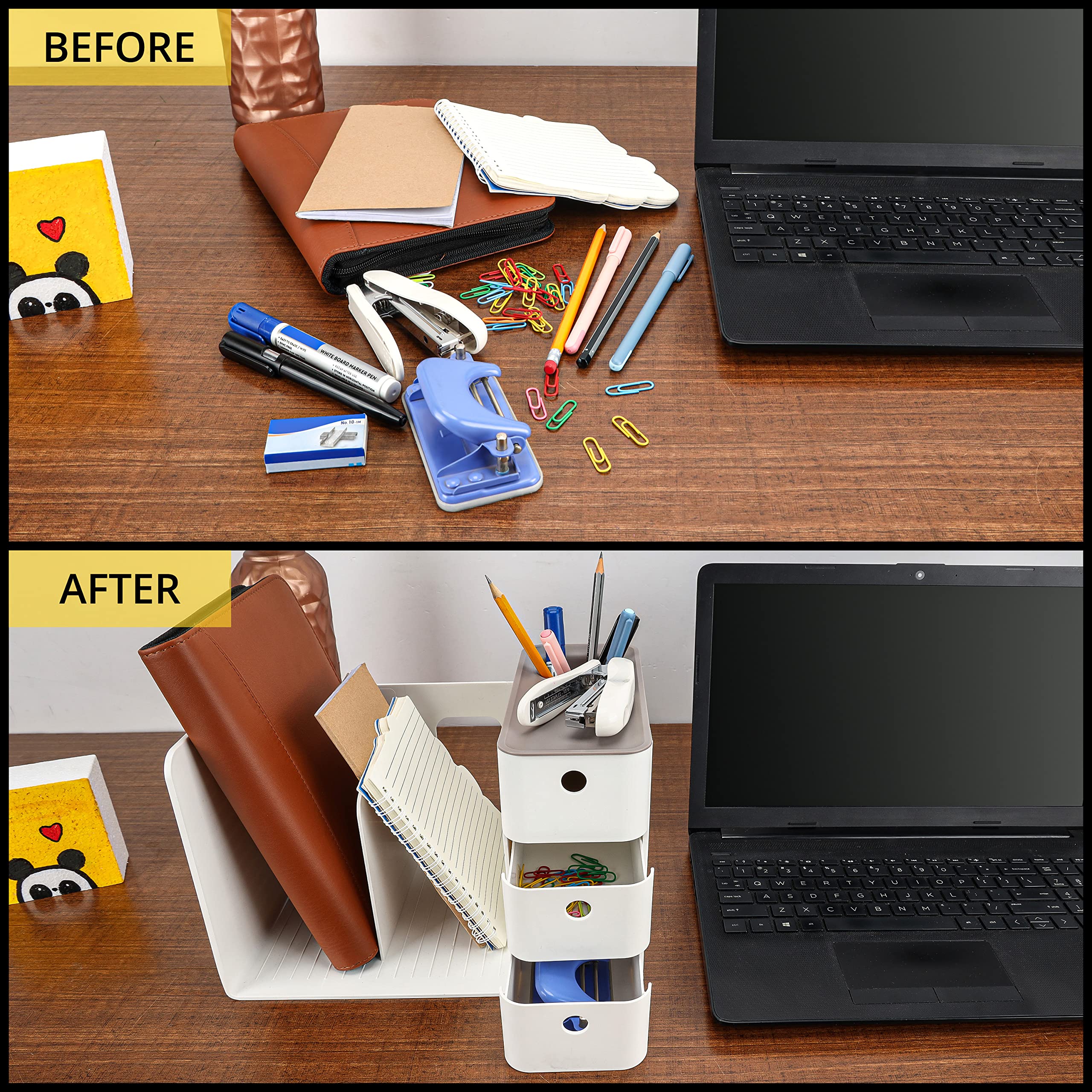 Belle Vous White Desktop Organizer with 3 Drawers - PP Plastic Multifunctional Storage Box - Desk Top Shelf Rack for Office Supplies, Papers, Books, Pens/Pencils & Stationery