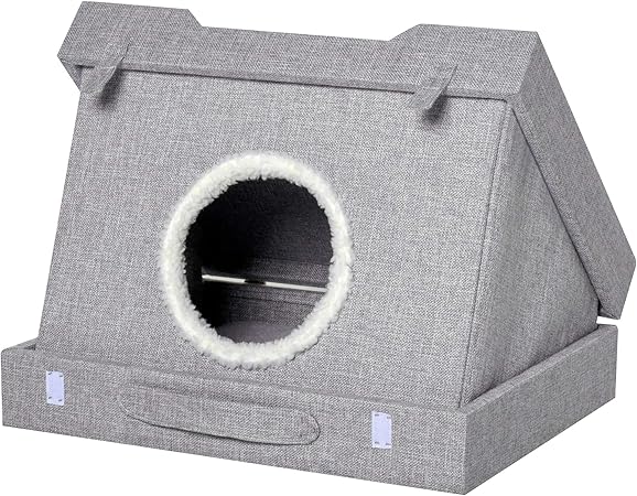 PawHut Cat House Foldable 2 in 1 Design Condo Pet Bed with Removable Washable Cushions Scratching Pad, Grey