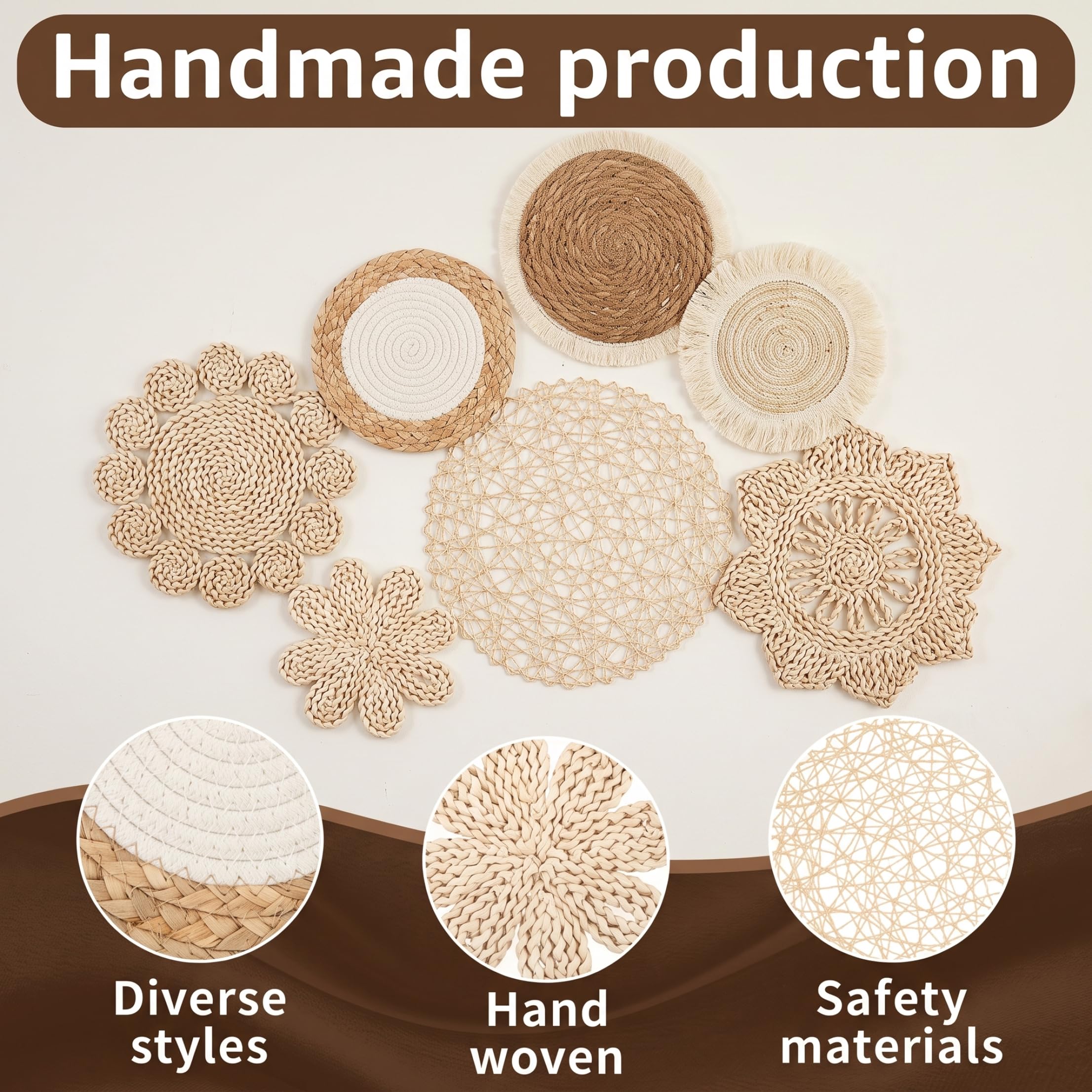 Xdyyjrasa 7 unids/set decoración de pared de mimbre, arte de pared tejido a mano, Beige