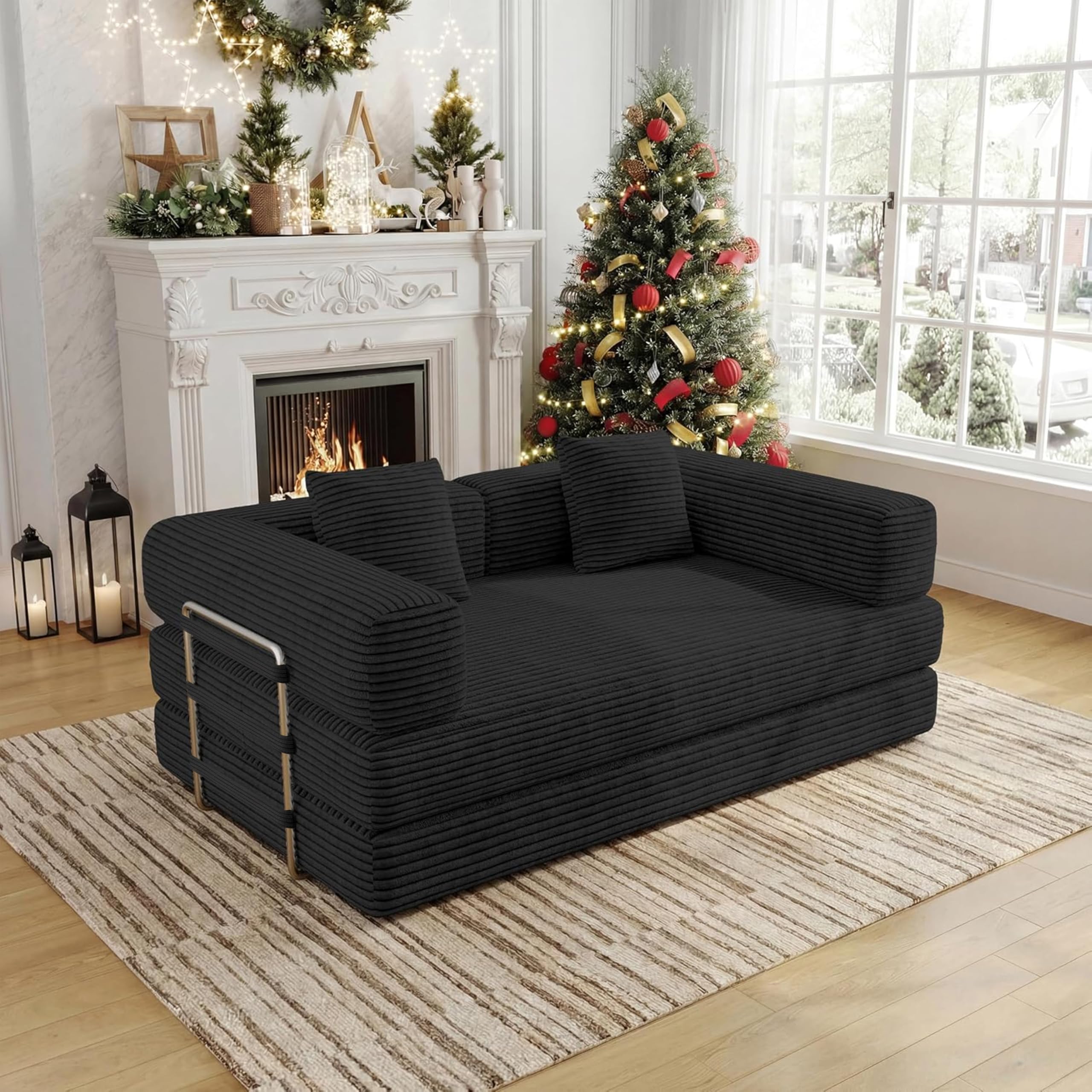 59 Inch Convertible Sofas Bed, 5-in-1 Futon Sofa Pull Out Sleeper Couch, Boneless Couches for Living Room, Corduroy Floor Compression Loveseat for Bedroom, Apartment, No Assembly, Black, 2 Seat