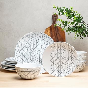 BZYOO 12 Piece Ceramic Dinnerware Set Modern Contemporary Design Plates and Bowls for Dining Glossy White Stoneware Dishes Set Microwave And Dishwasher Safe Spidy Collection
