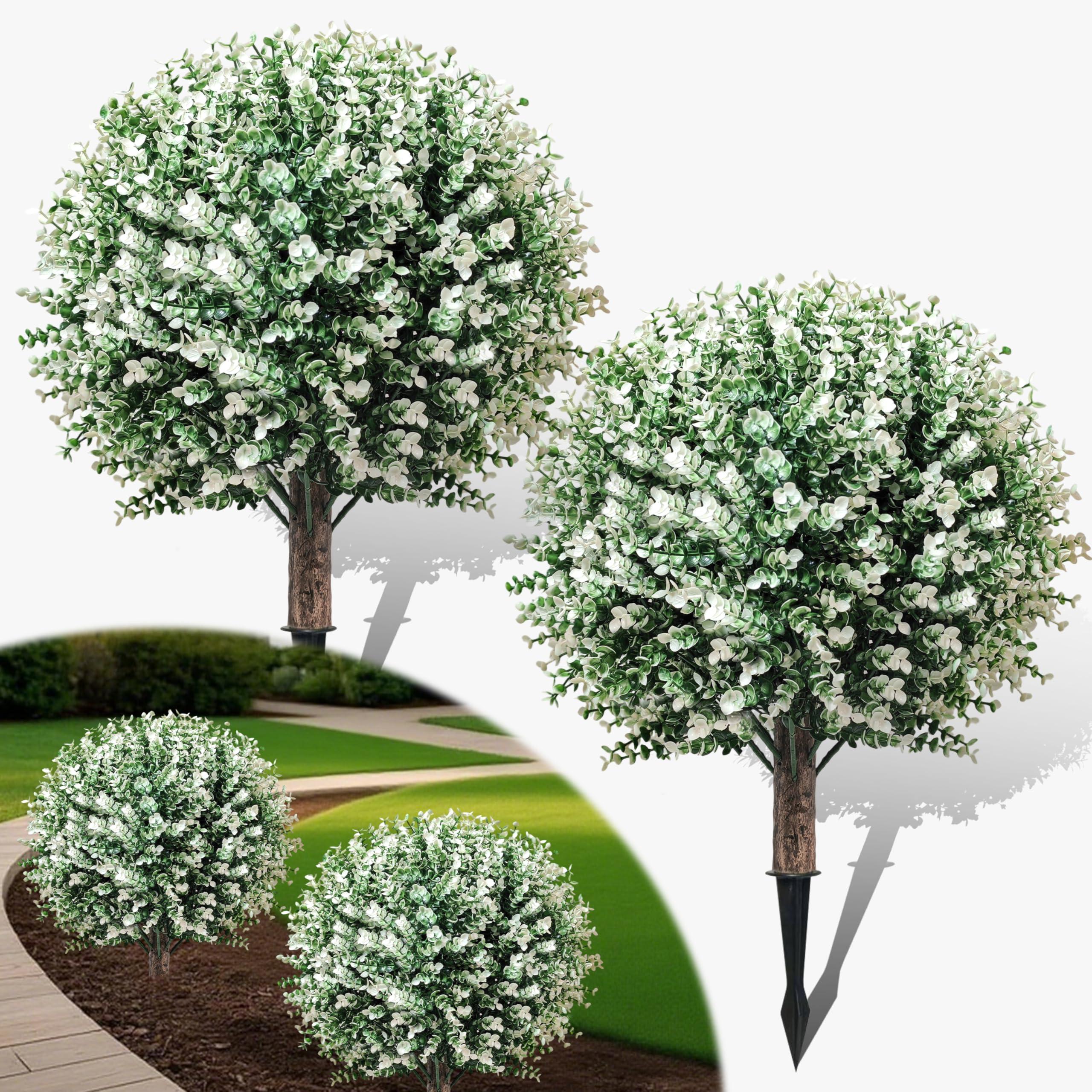 YUGYUM Set of 2 Artificial Boxwood Topiary Ball Trees, 62CM Outdoor UV Resistant Fake Shrub Tree with Spike, Faux Plants Greenery Bushes for Planters, Porch Office Spring Summer Decor- White — image 1