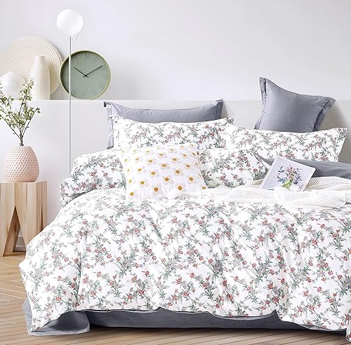 Miniatura 21 de Juego de edredón floral de algodón natural de 3 piezas - Edredón gris con ramas marrón y hojas grises sobre blanco, juego de ropa de cama reversible