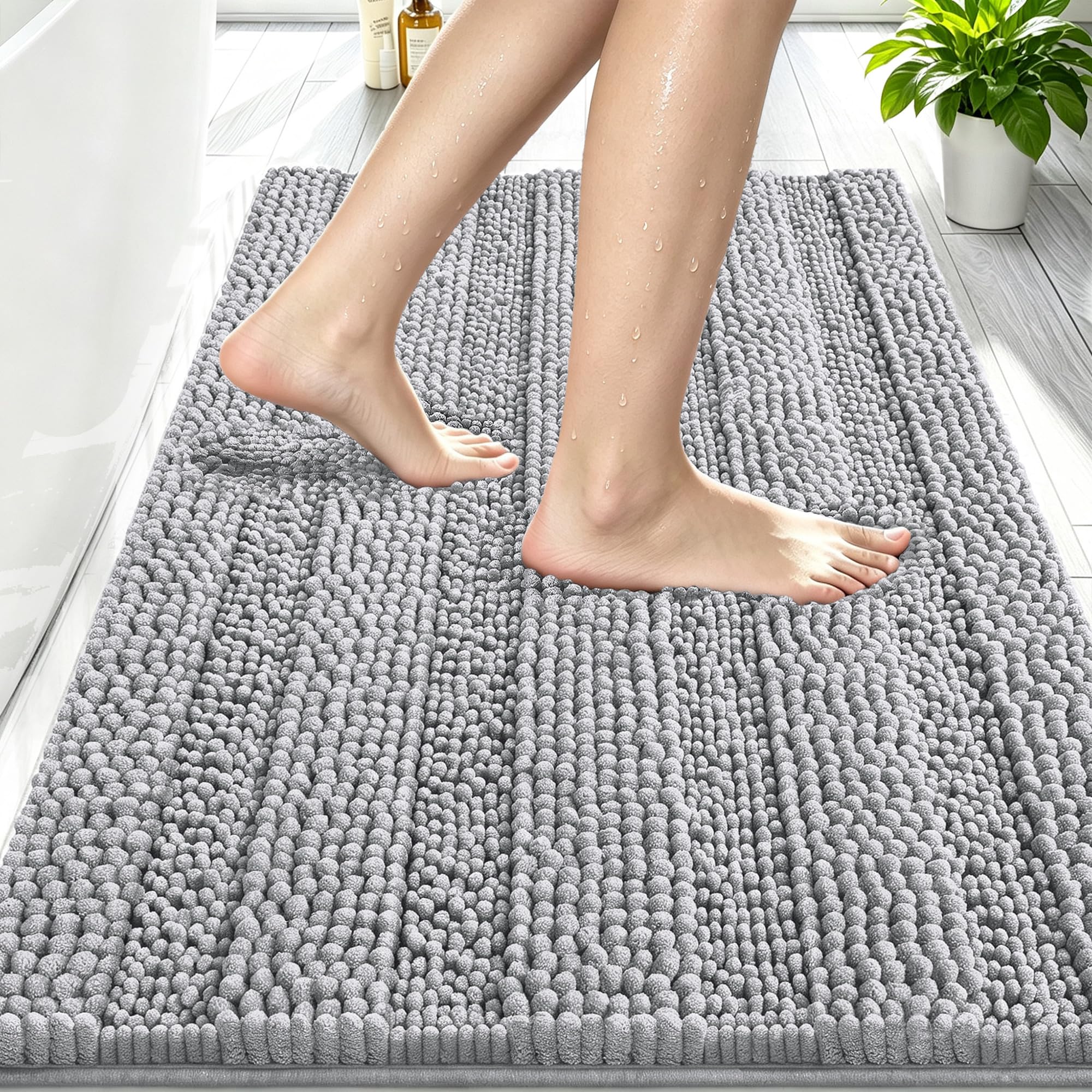 Smiry Thick Chenille Bathroom Rugs 30x20, Absorbent Bath Mat, Light Grey