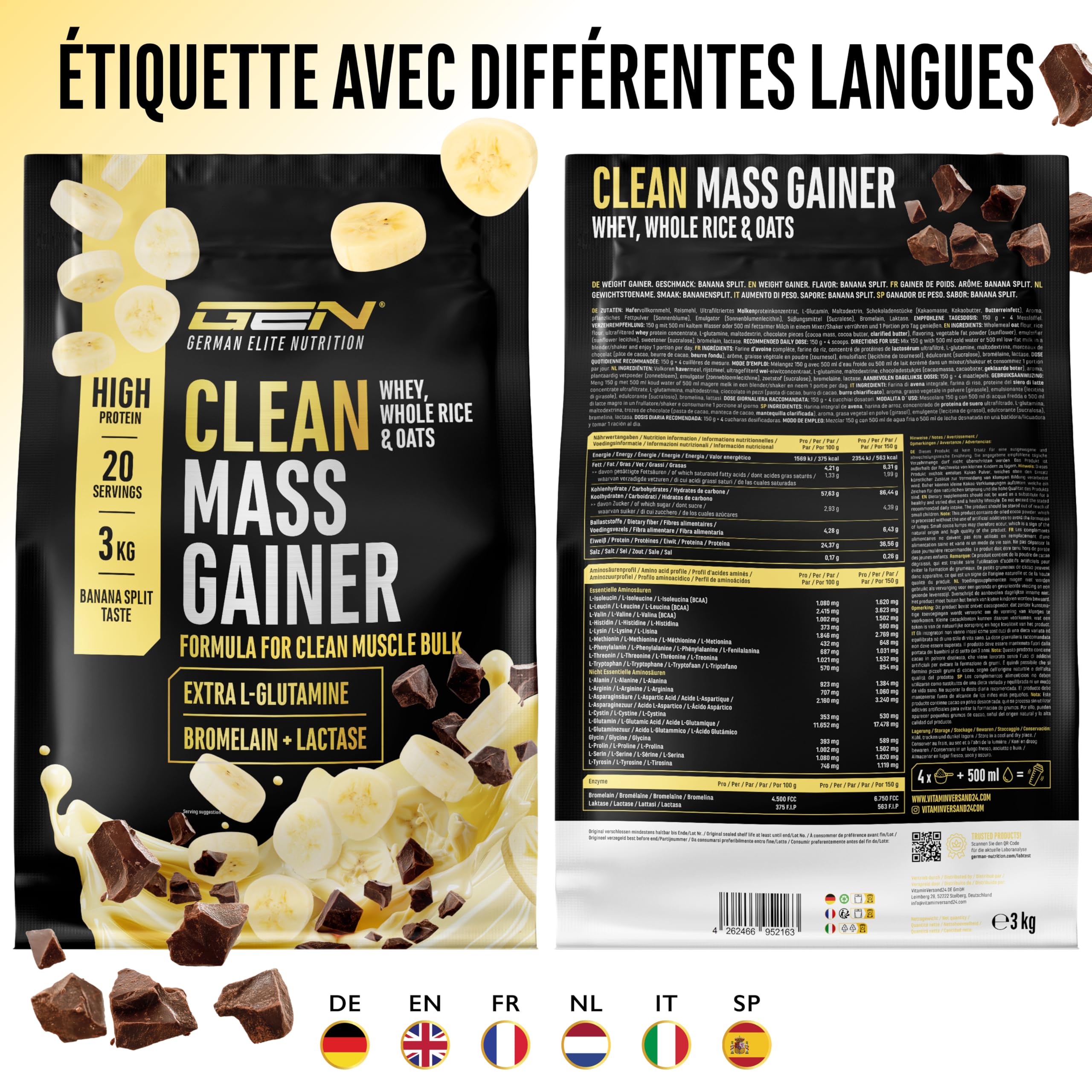 GEN GERMAN ELITE NUTRITION Clean Weight Gainer - 3 kg | Saveur Banana Split - Pour la Prise de Masse et de Poids - Glucides & Protéines - Végétarien