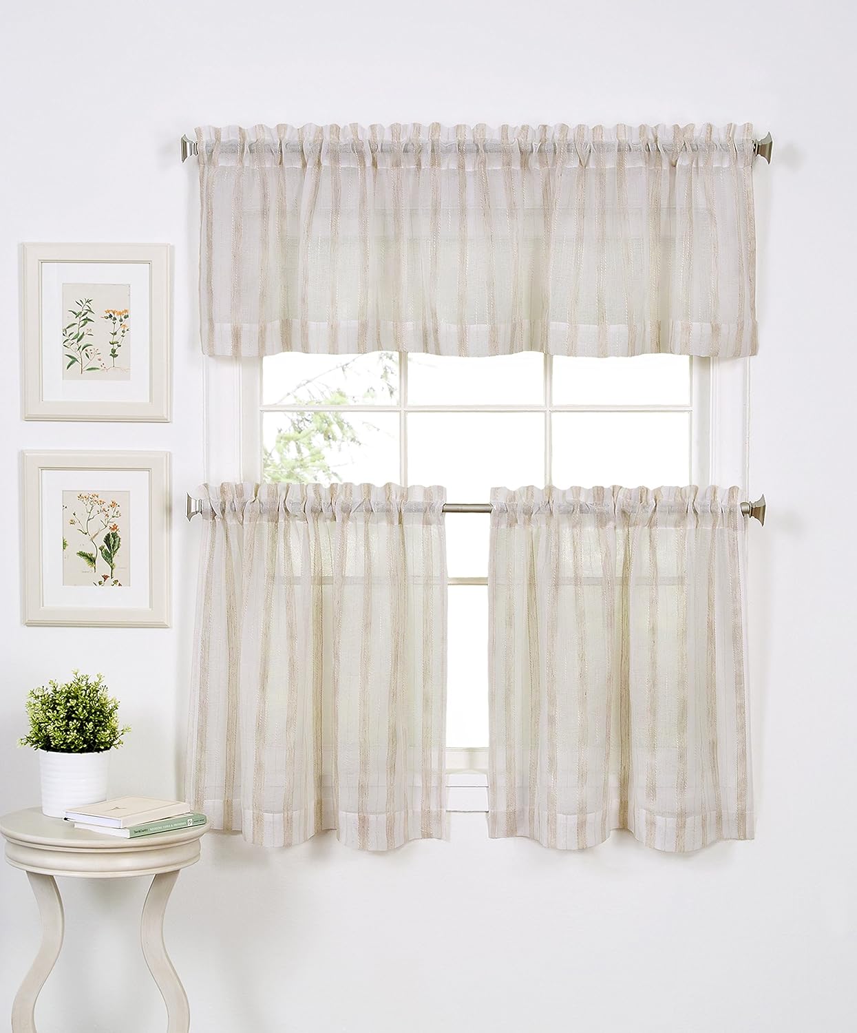 Elrene Home Fashions Linen Stripe Rod Pocket Cafe/Kitchen Valance Window Curtain, 60" x 15", Linen
