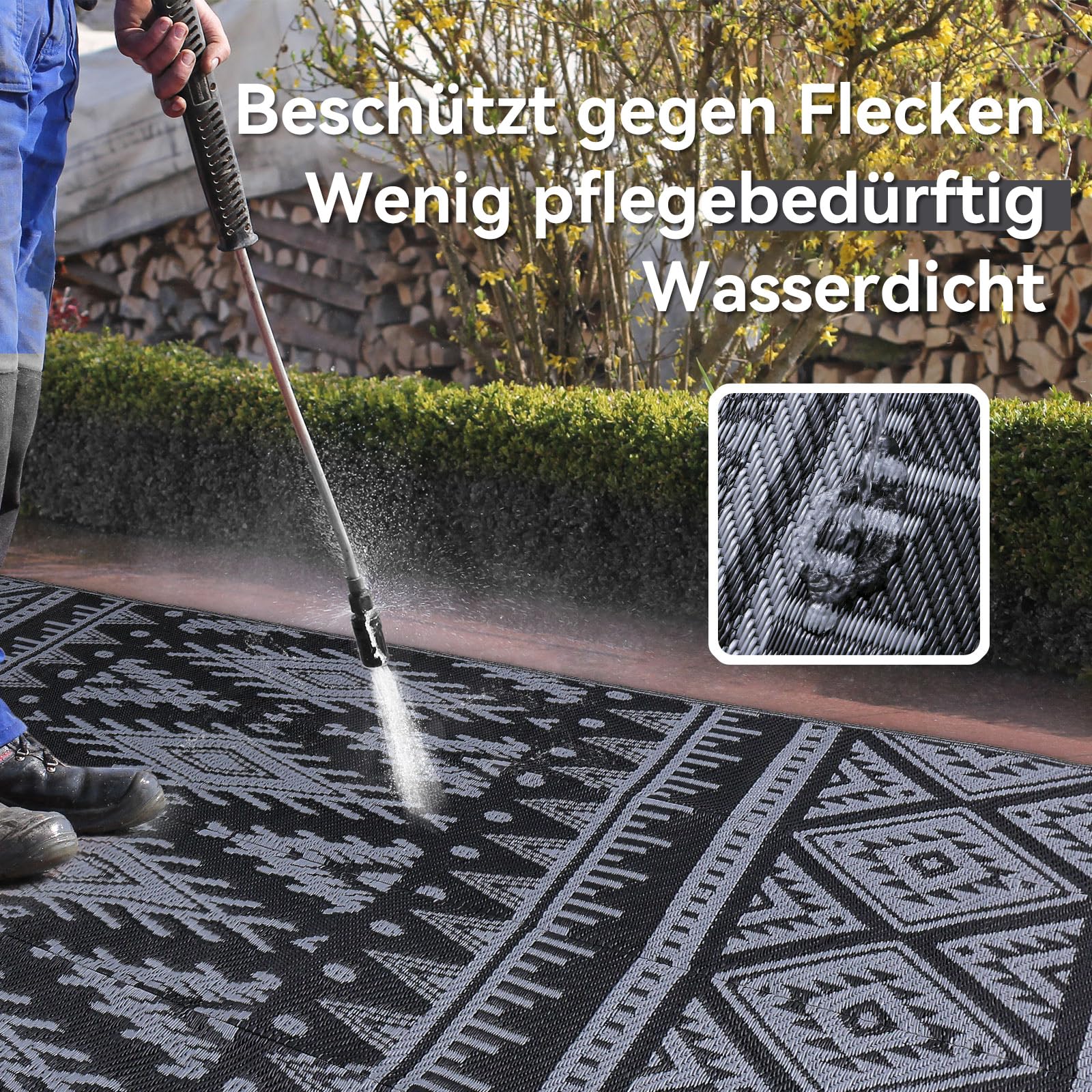 Homaxy Outdoor Teppich Wetterfest, Kunststoff Stroh Faltbar Waschbar UV-beständig Wendbar Balkon Garten Teppich für Terrasse Camping Picknick (120 x 180 cm, Schwarz & Grau)
